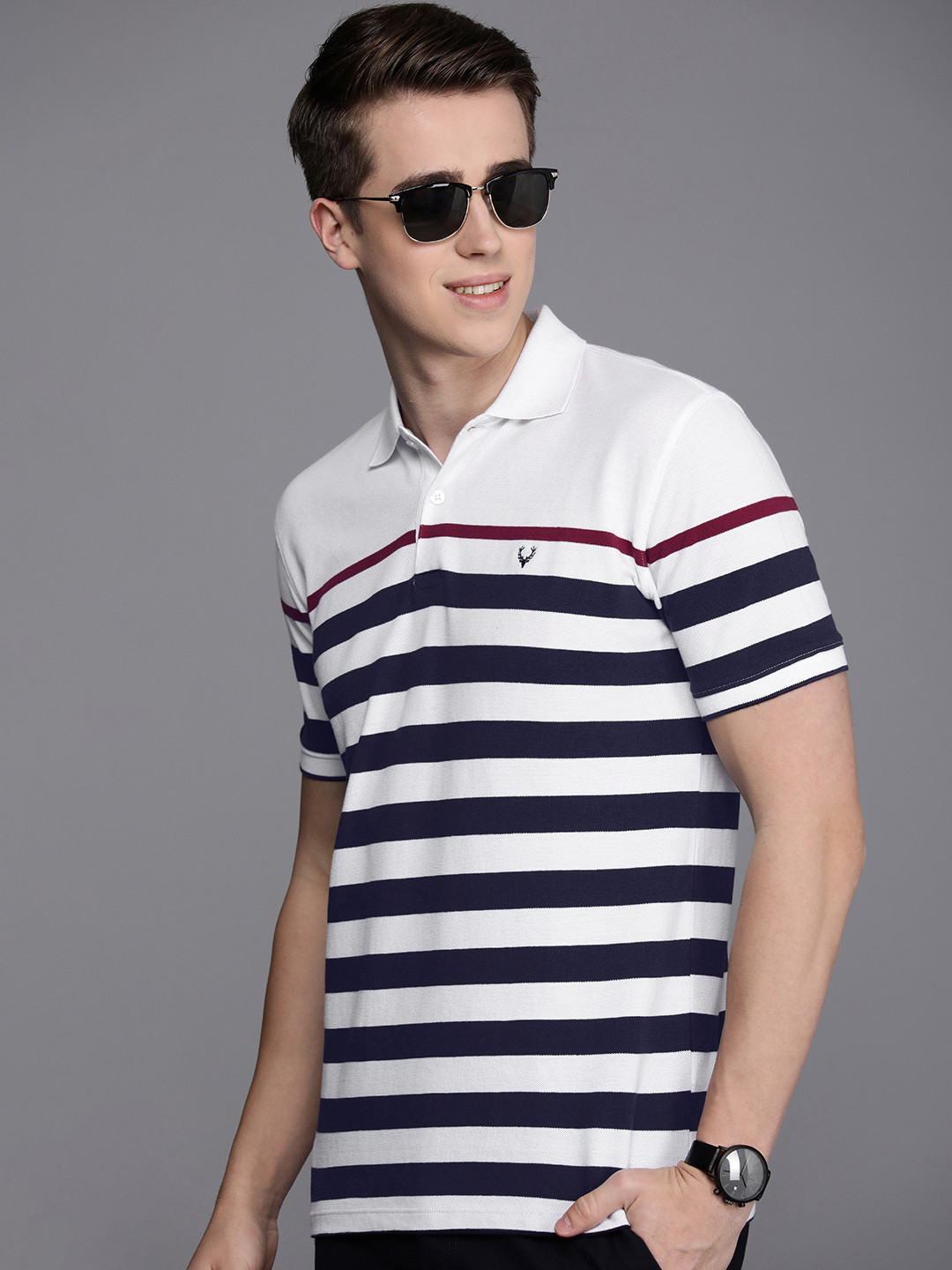 

Allen Solly Men Striped Polo Collar Pure Cotton T-shirt, White
