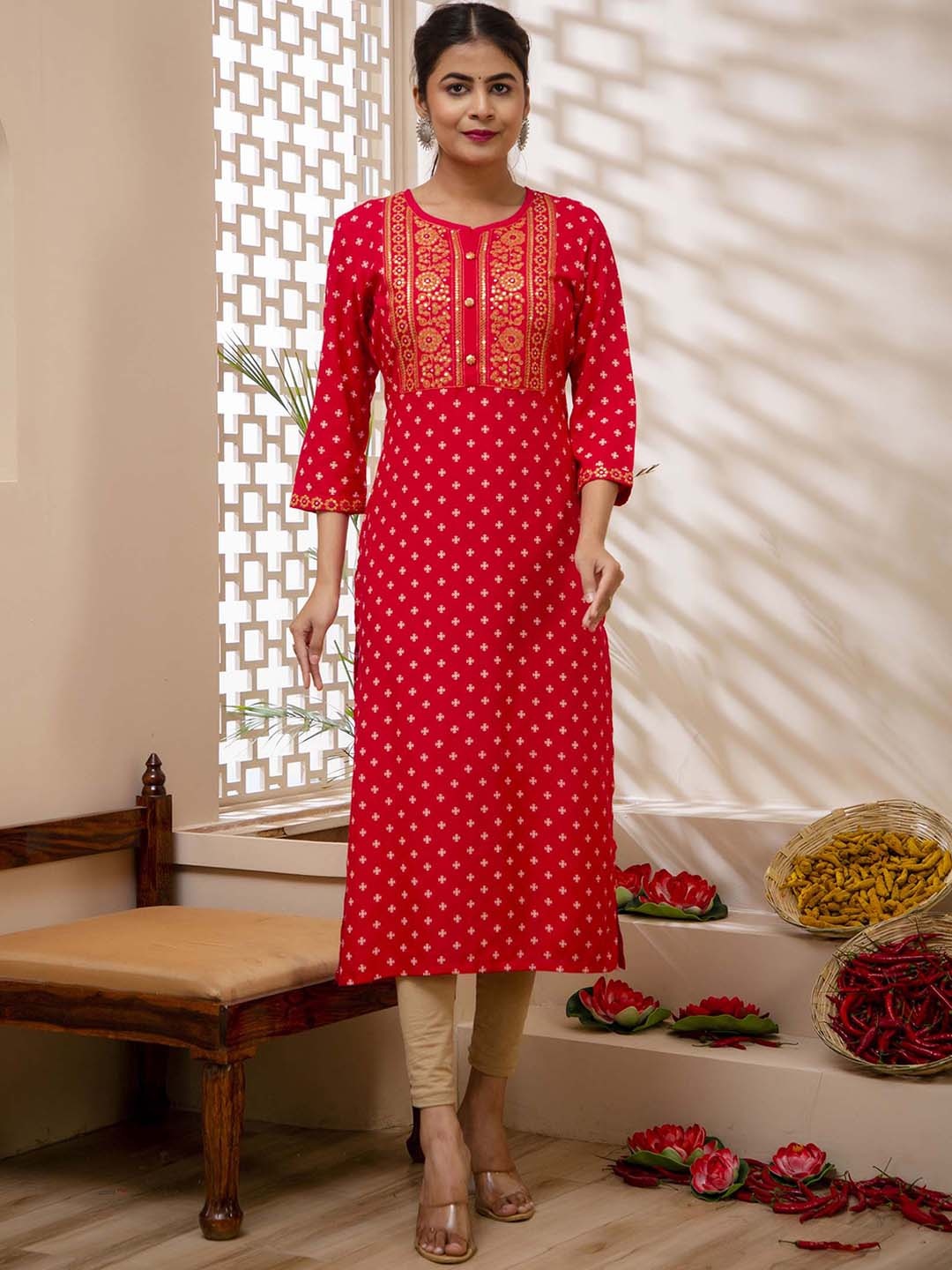

FASHION DEPTH Ethnic Motifs Printed Sequined Straight Kurta, Red