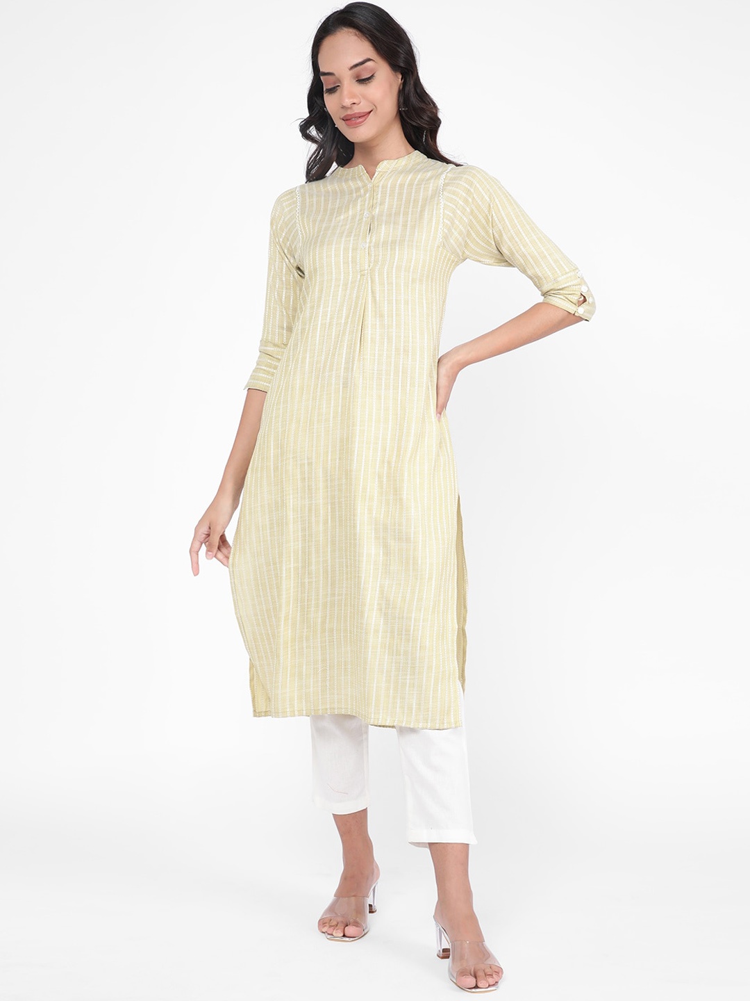 

R&B Mandarin Collar Striped Thread Work Kurta, Yellow