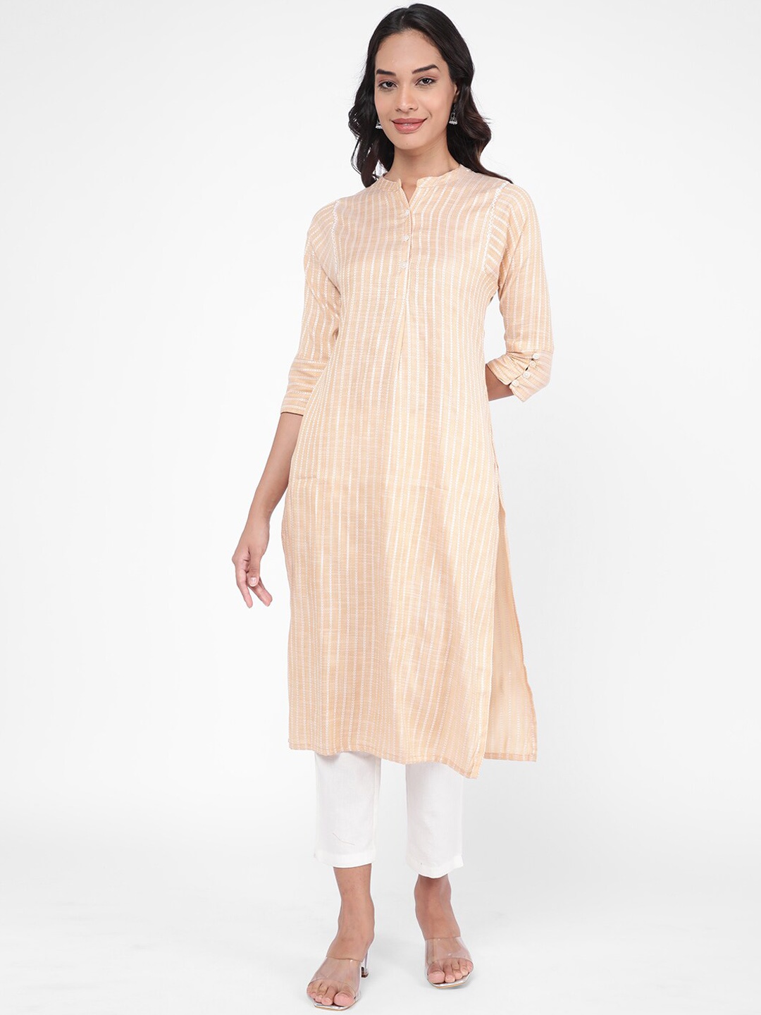 

R&B Striped Mandarin Collar A-Line Kurta, Peach