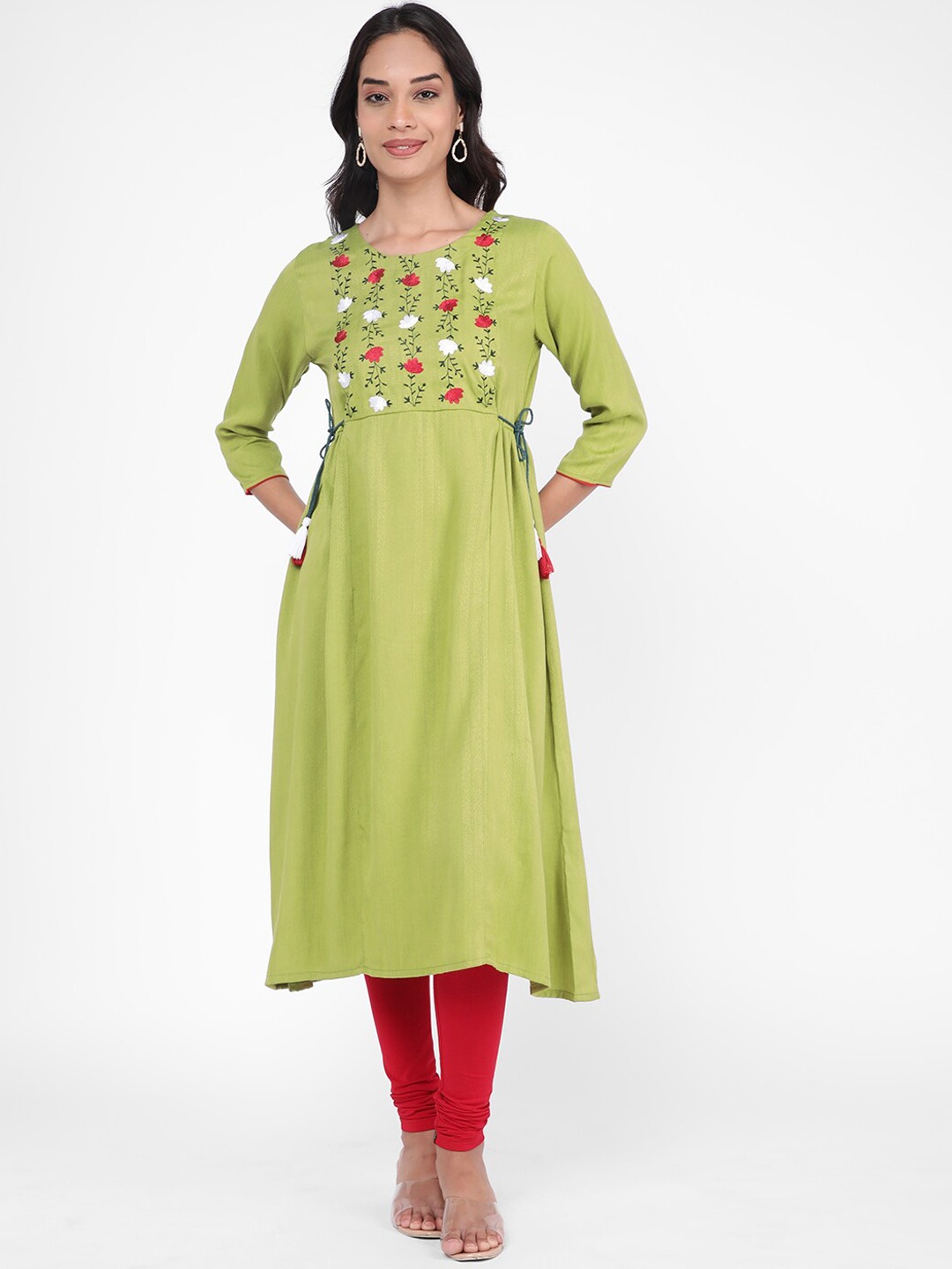 

R&B Floral Embroidered A-Line Kurta, Olive
