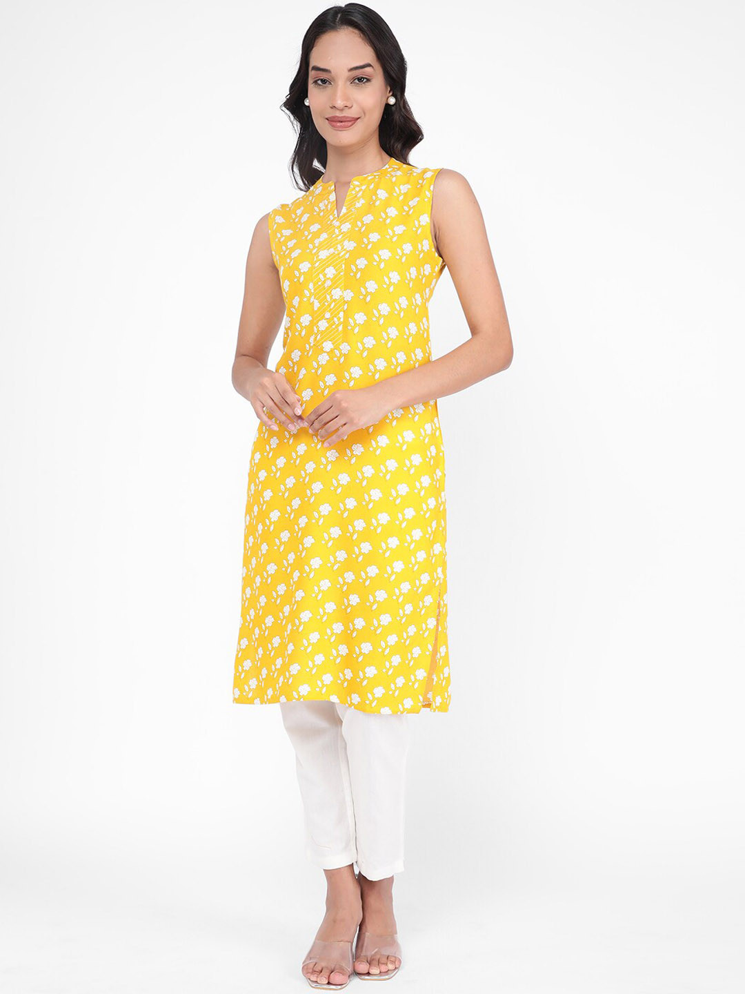 

R&B Floral Printed Mandarin Collar Straight Kurta, Yellow