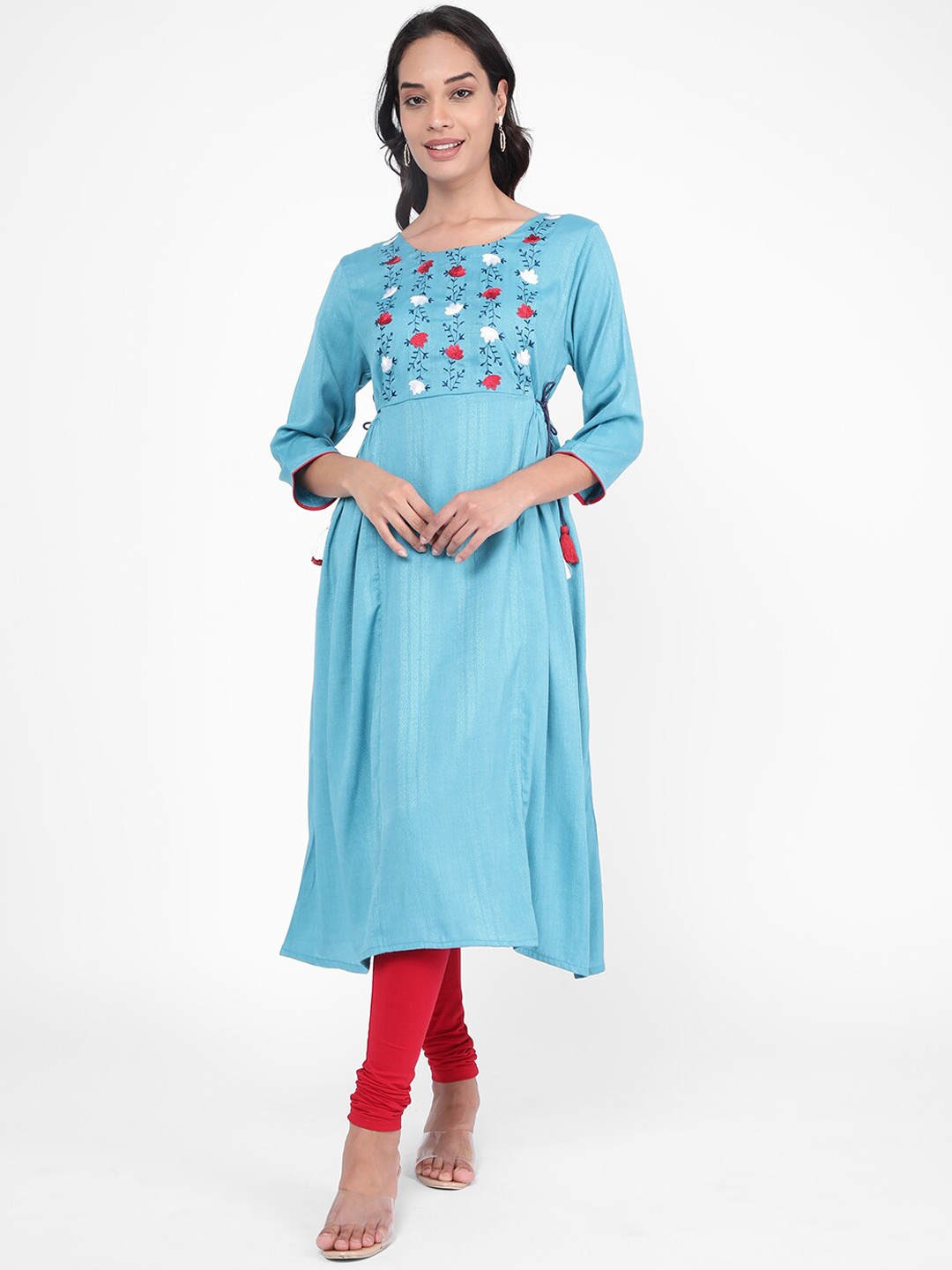 

R&B Floral Embroidered A-Line Kurta, Blue