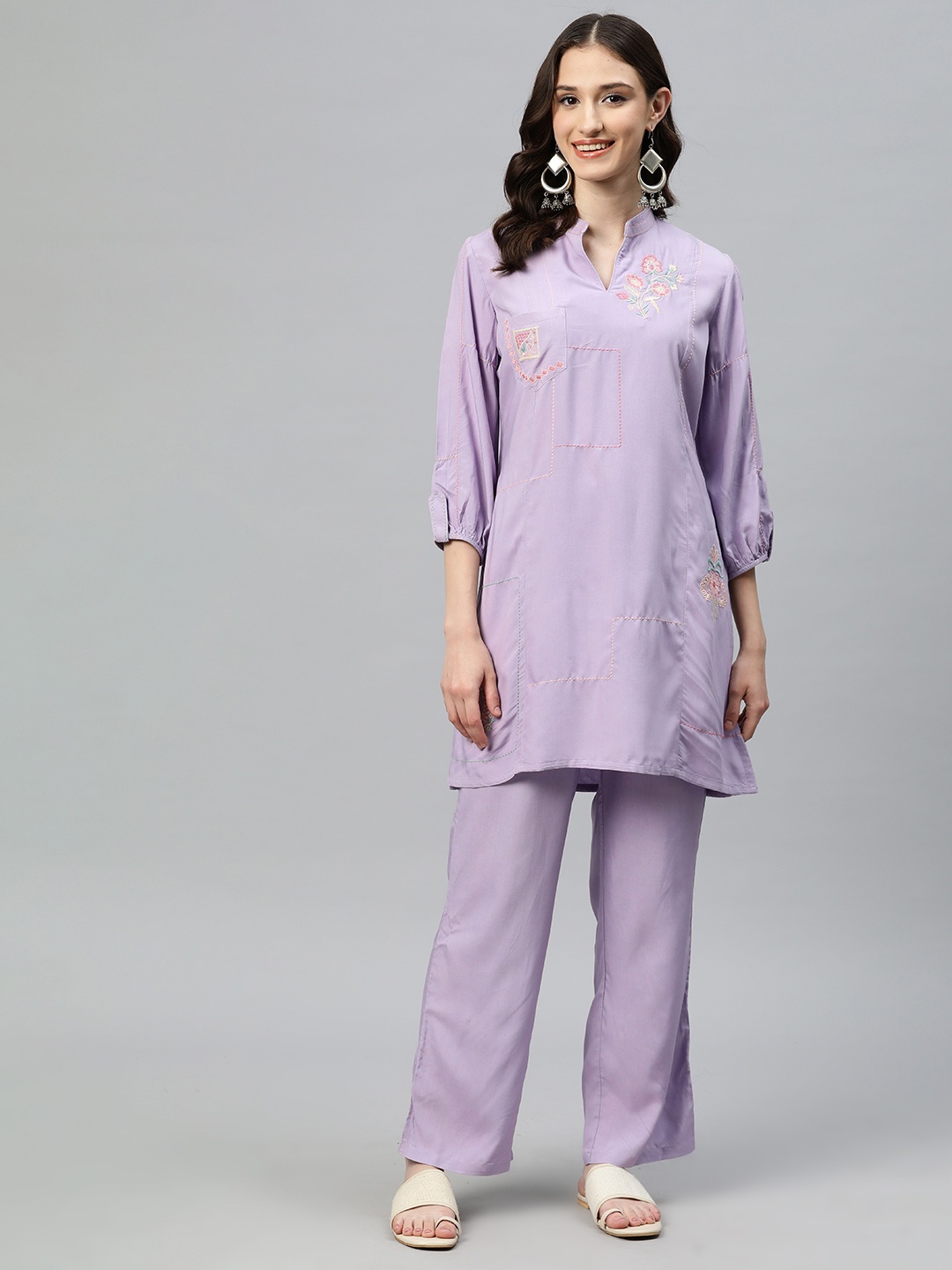 

Nayam By Lakshita Solid Tunic &Trousers Co-ords, Lavender