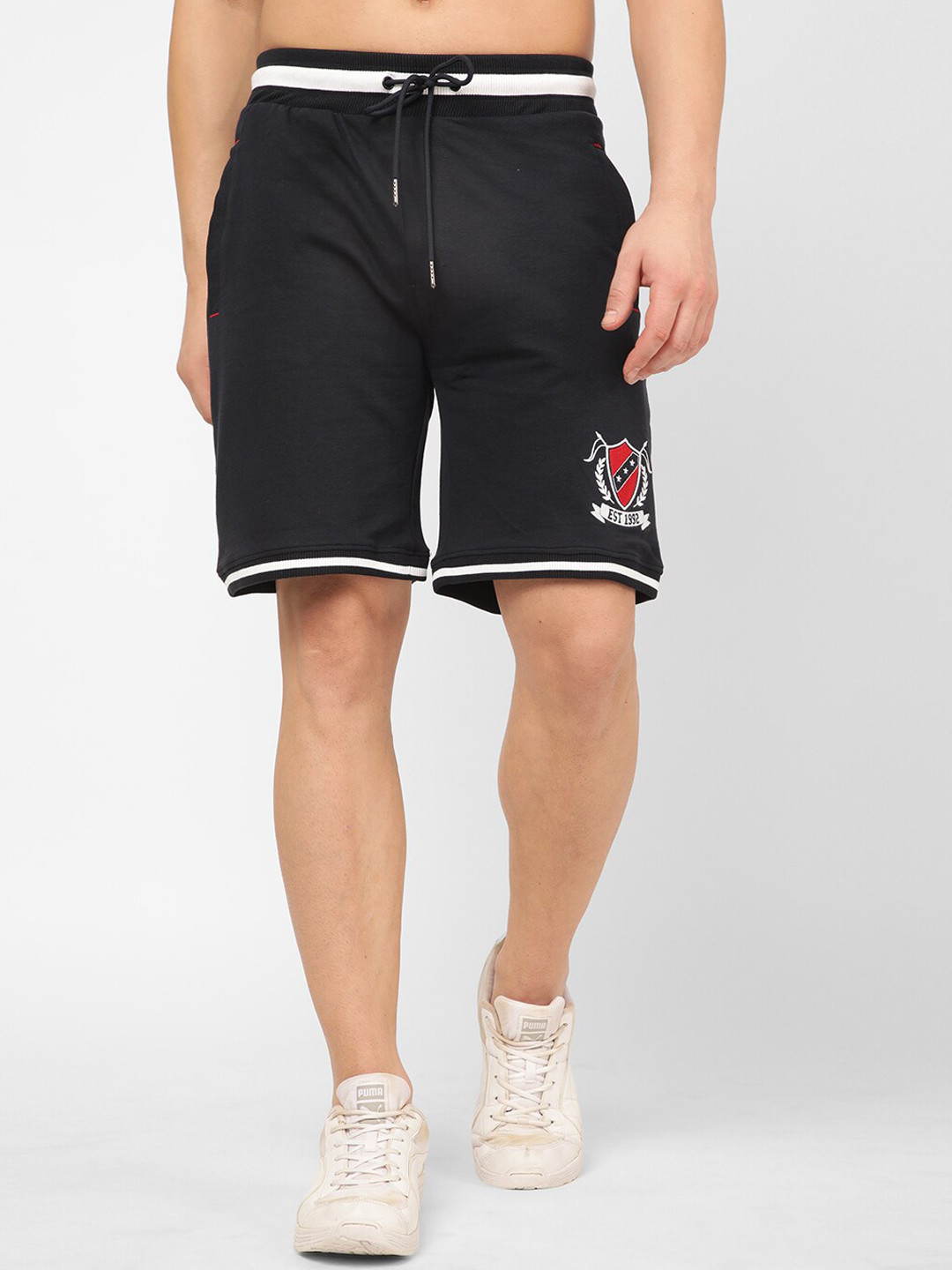 

R&B Men Graphical Printed Mid Rise Cotton Sports Shorts, Black