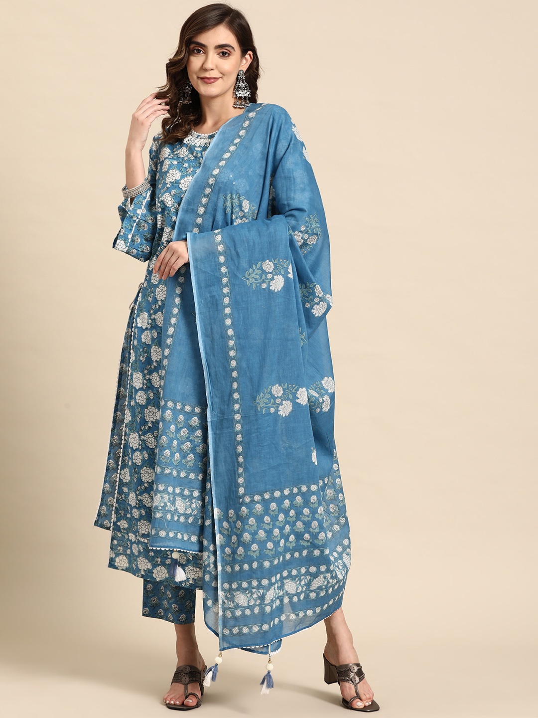 

Prakhya Floral Printed High Slit Pure Cotton Kurta With Palazzos & Dupatta, Blue
