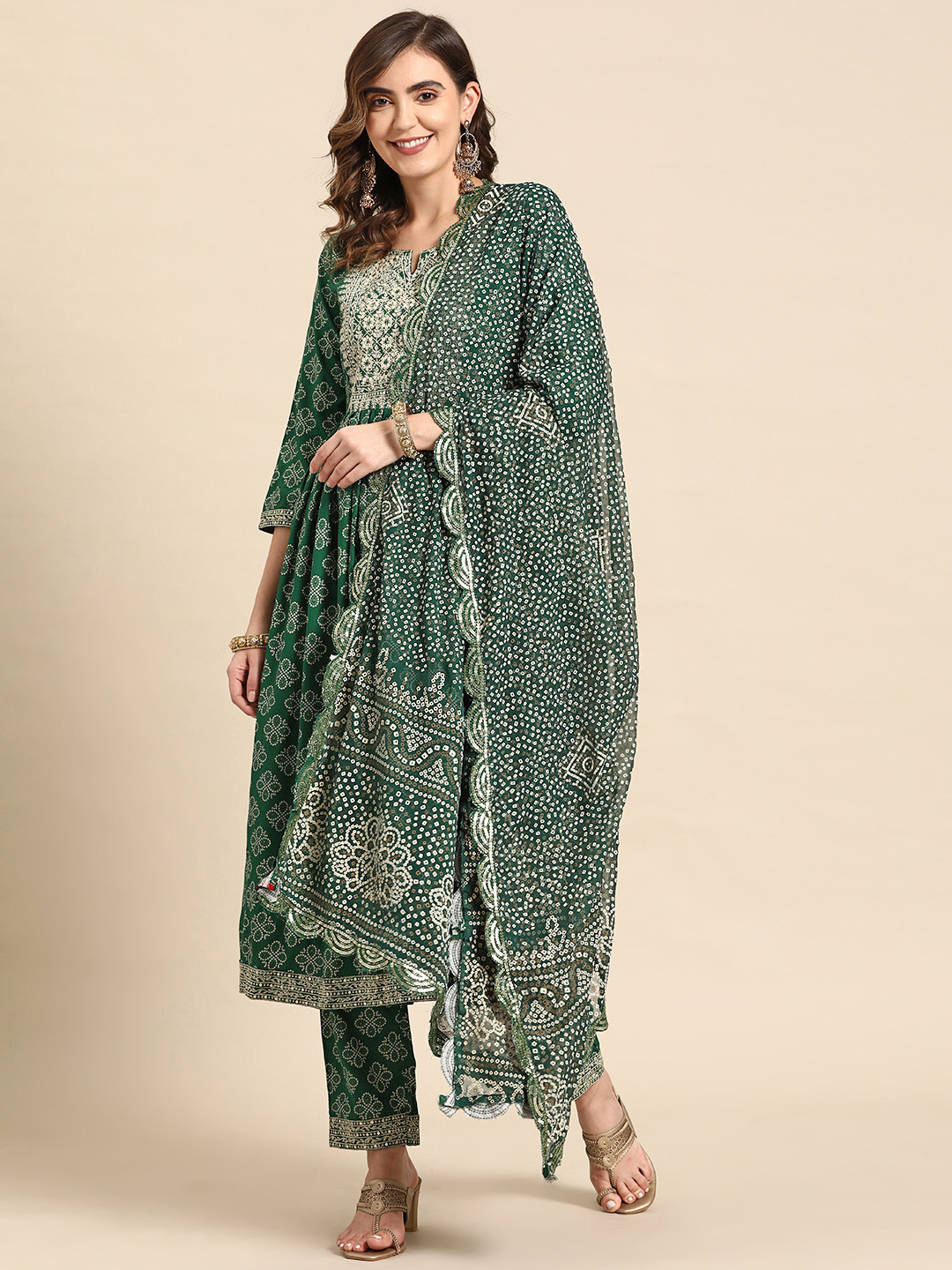 

Prakhya Bandhani Printed High Slit Sequinned Kurta With Trousers & Dupatta, Green
