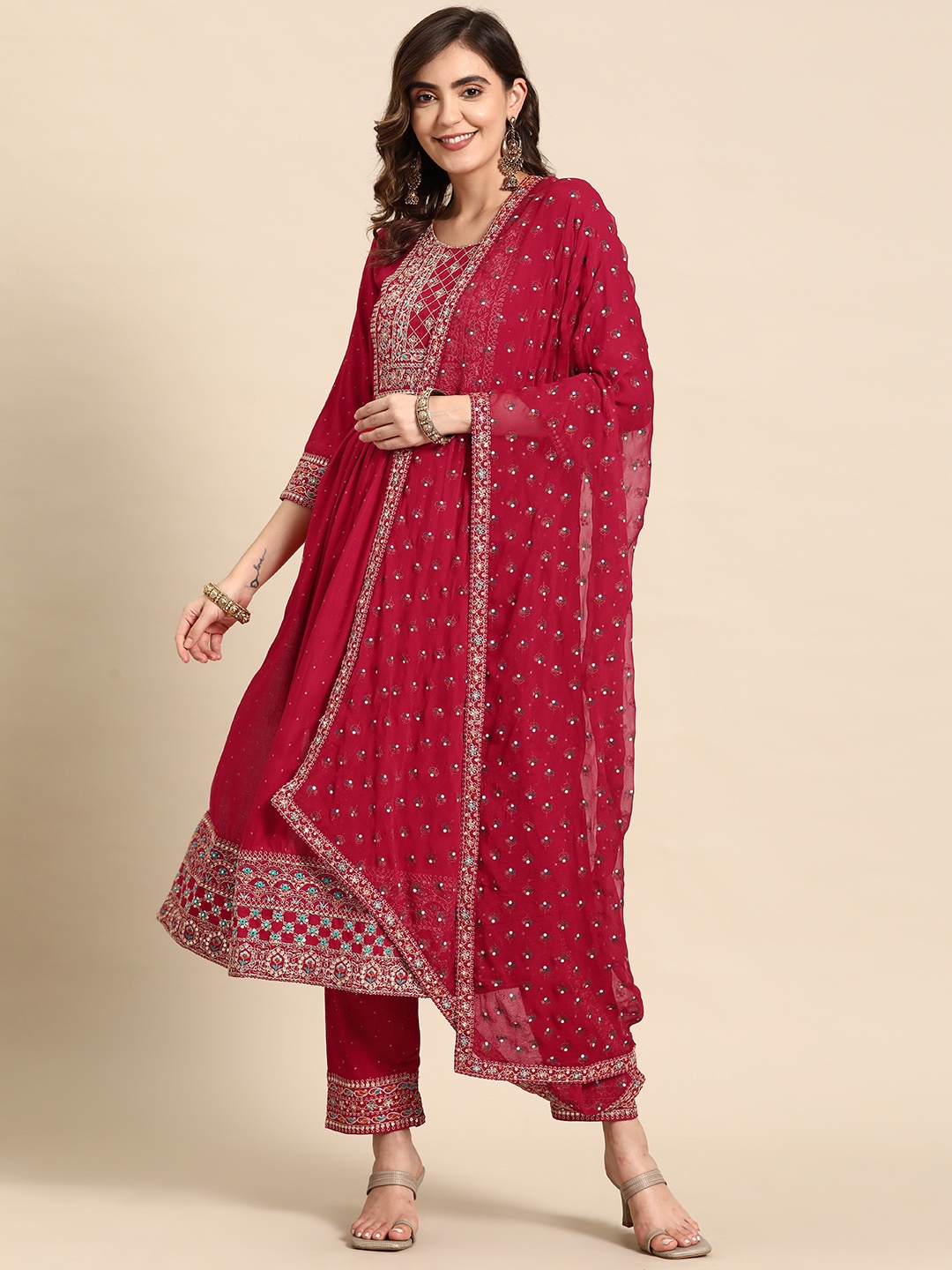 

Prakhya Ethnic Motifs Embroidered High Slit Kurta With Trousers & Dupatta, Red