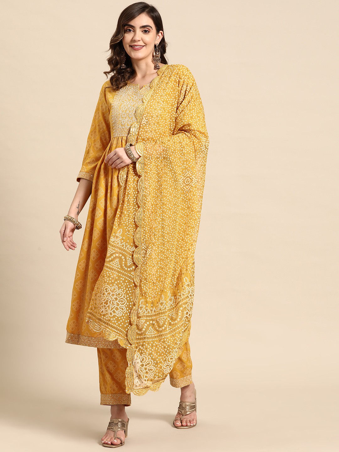 

Prakhya Bandhani Printed High Slit Sequinned Kurta With Trousers & Dupatta, Yellow