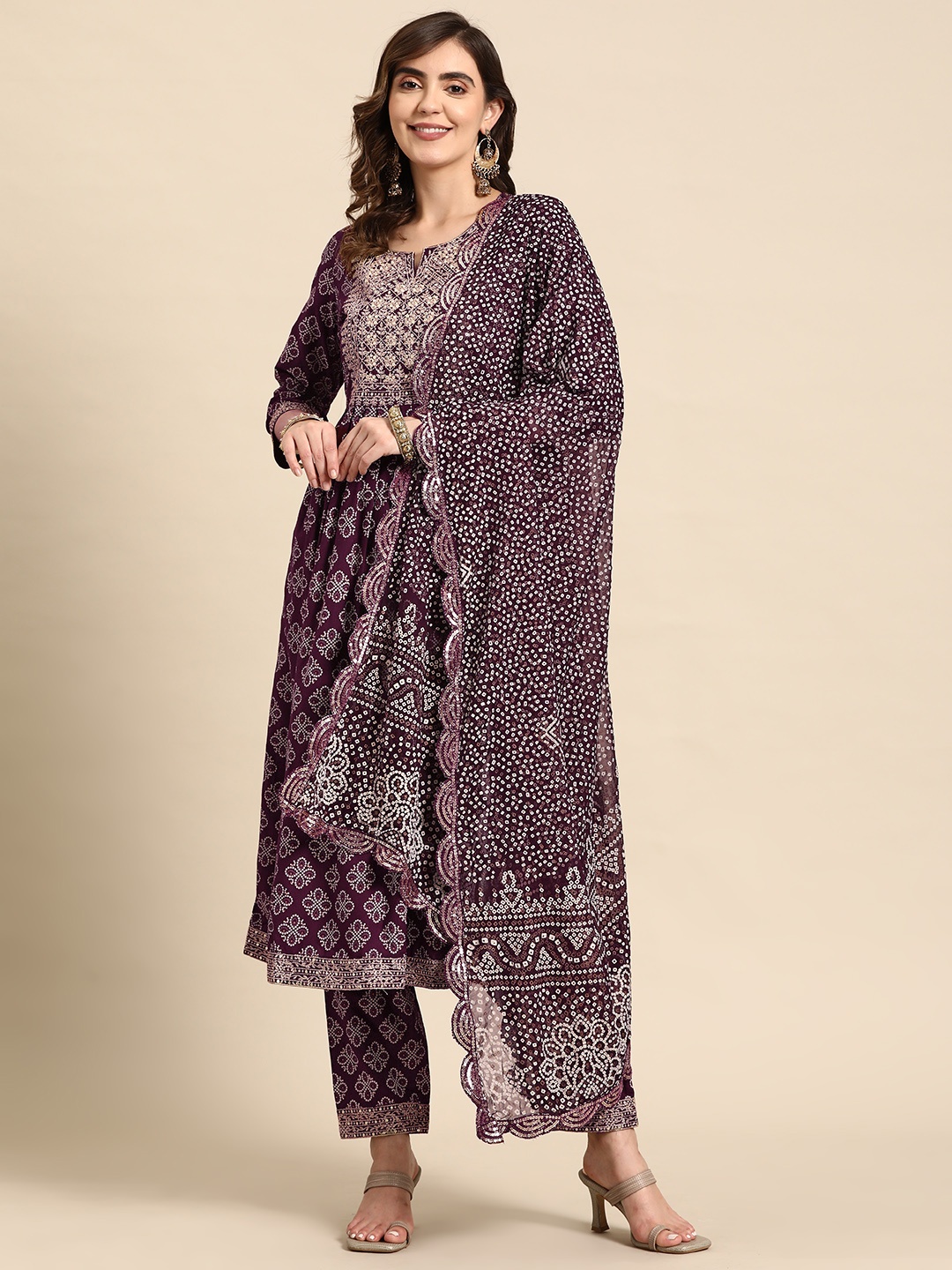 

Prakhya Bandhani Printed High Slit Sequinned Kurta With Trousers & Dupatta, Purple