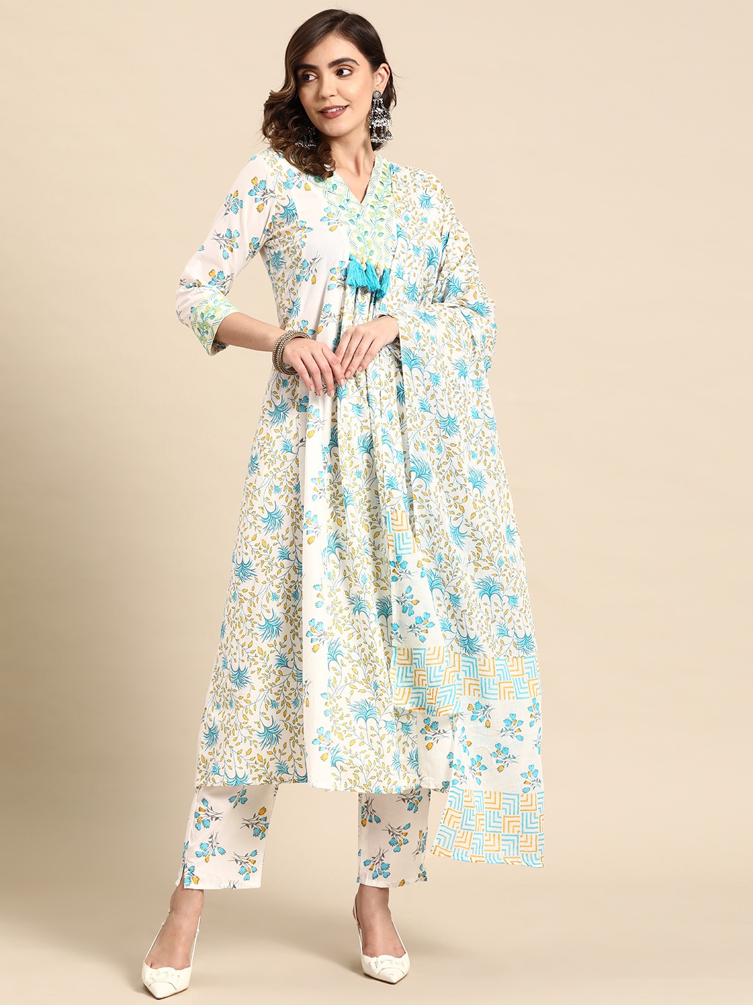

Prakhya Women Floral Printed Pleated Pure Cotton Kurta with Palazzos & With Dupatta, White