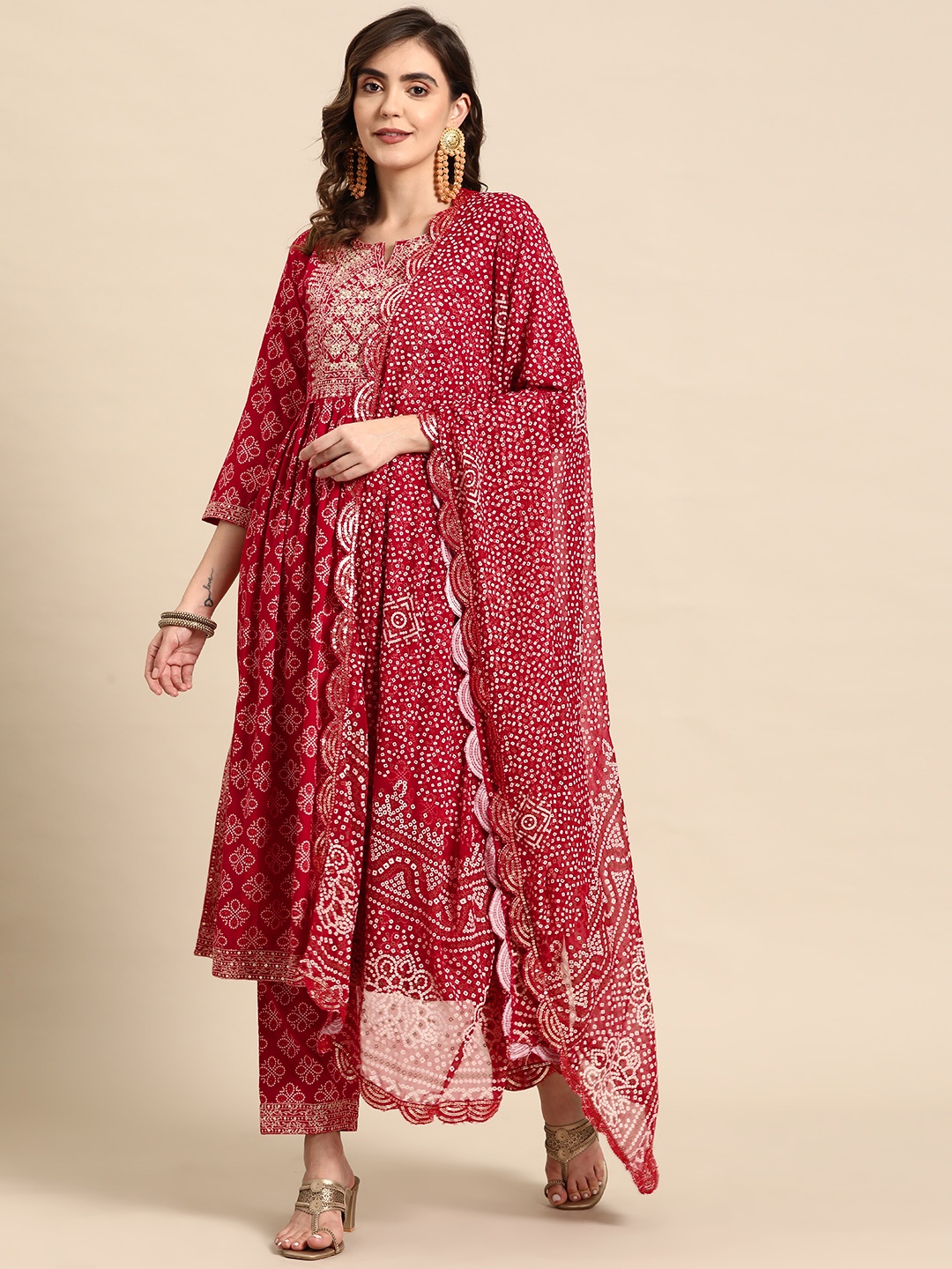 

Prakhya Women Ethnic Motifs Yoke Design Pleated Sequinned Kurta with Palazzos & Dupatta, Red