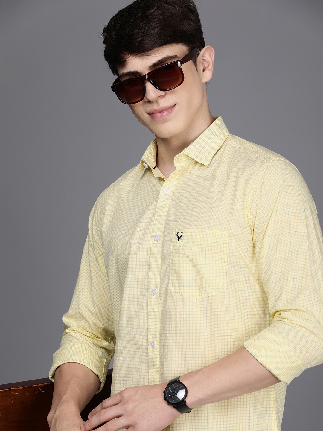 

Allen Solly Men Slim Fit Opaque Checked Pure Cotton Casual Shirt, Yellow