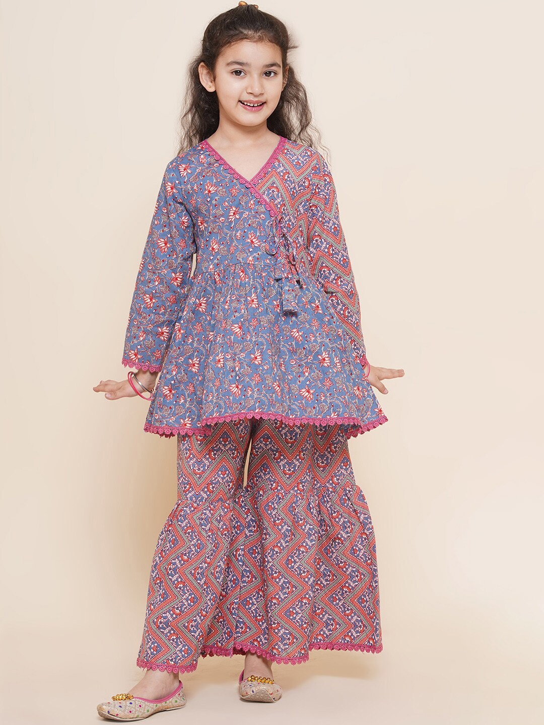 

Aj DEZInES Girls Floral Printed Angrakha Pure Cotton Kurta with Sharara, Blue