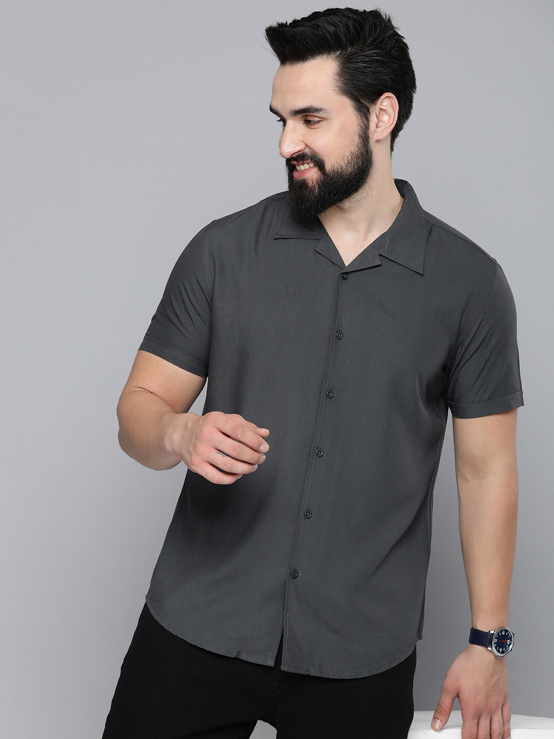 

HERE&NOW Men Charcoal Slim Fit Opaque Casual Shirt
