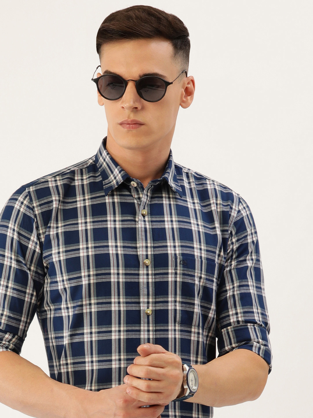 

Peter England Men Slim Fit Opaque Checked Pure Cotton Formal Shirt, Navy blue