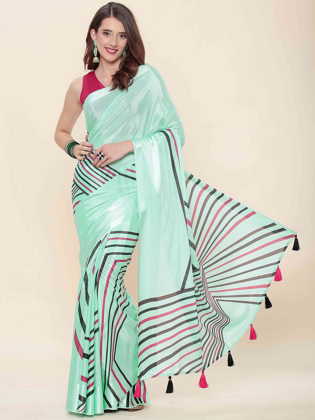 

elora Striped Bhagalpuri Saree, Turquoise blue