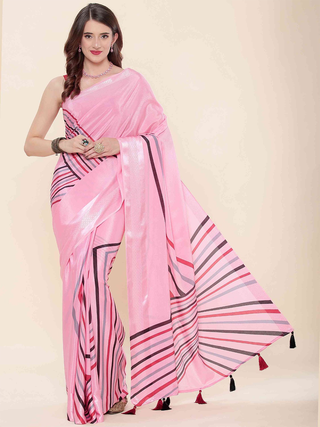 

elora Striped Bhagalpuri Saree, Pink