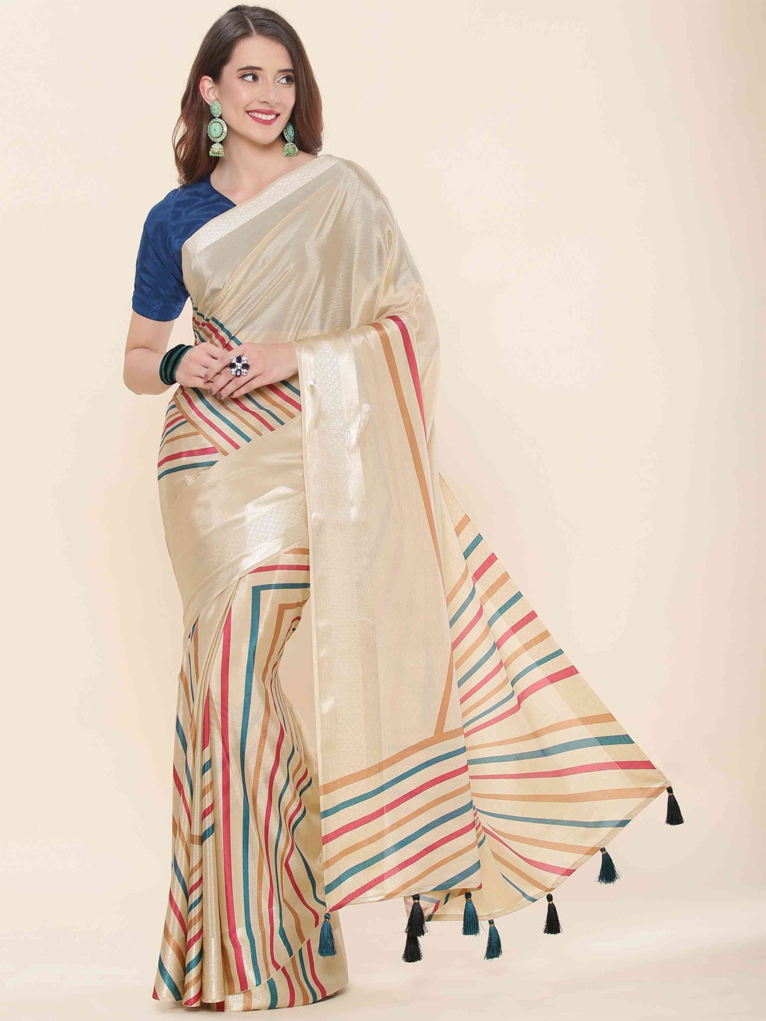 

elora Striped Bhagalpuri Saree, Cream