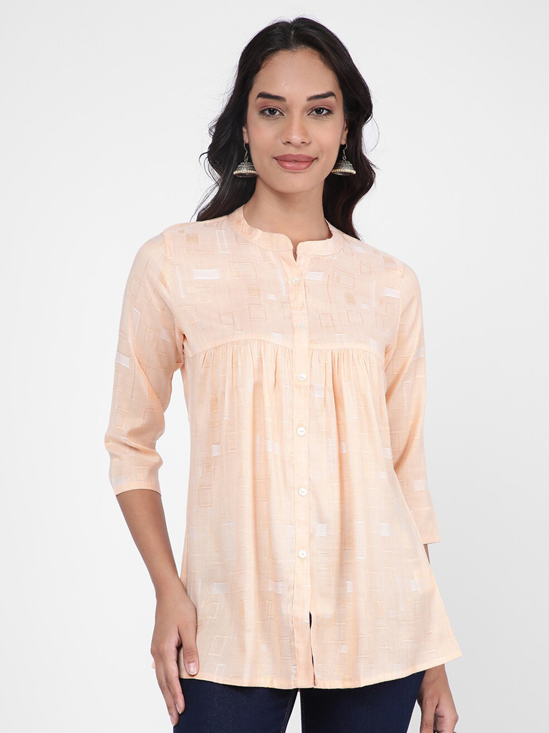 

R&B Mandarin Collar Self Design Tunic, Peach