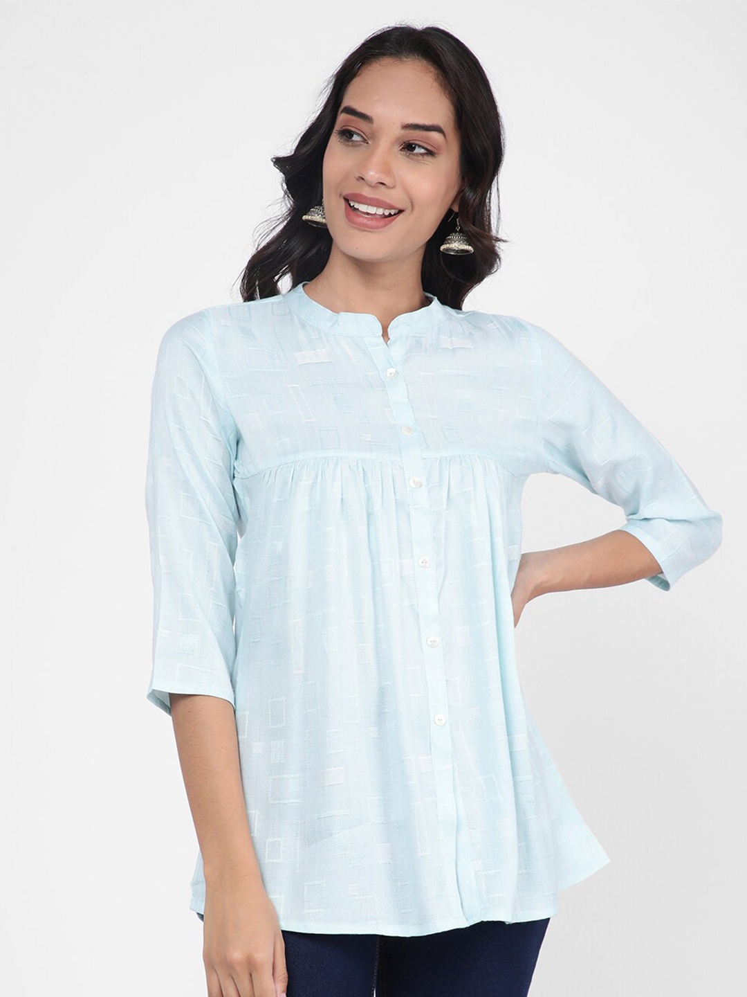 

R&B Mandarin Collar Self Design Tunic, Blue