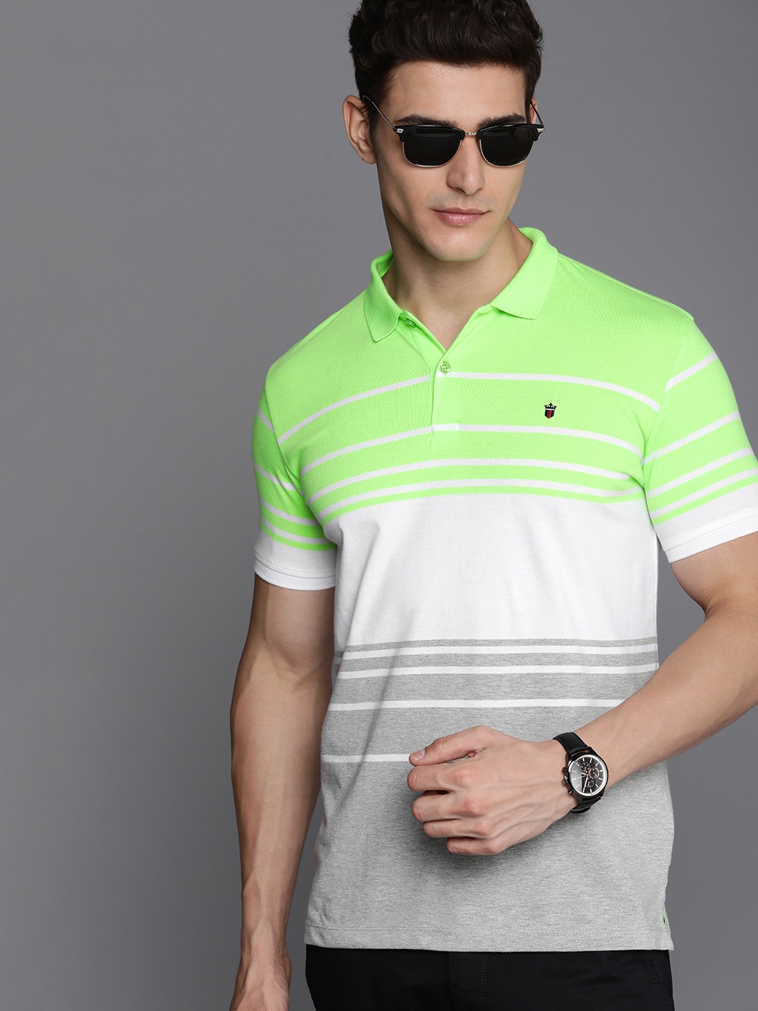 

Louis Philippe Sport Men Striped Polo Collar Pure Cotton Slim Fit T-shirt, Green