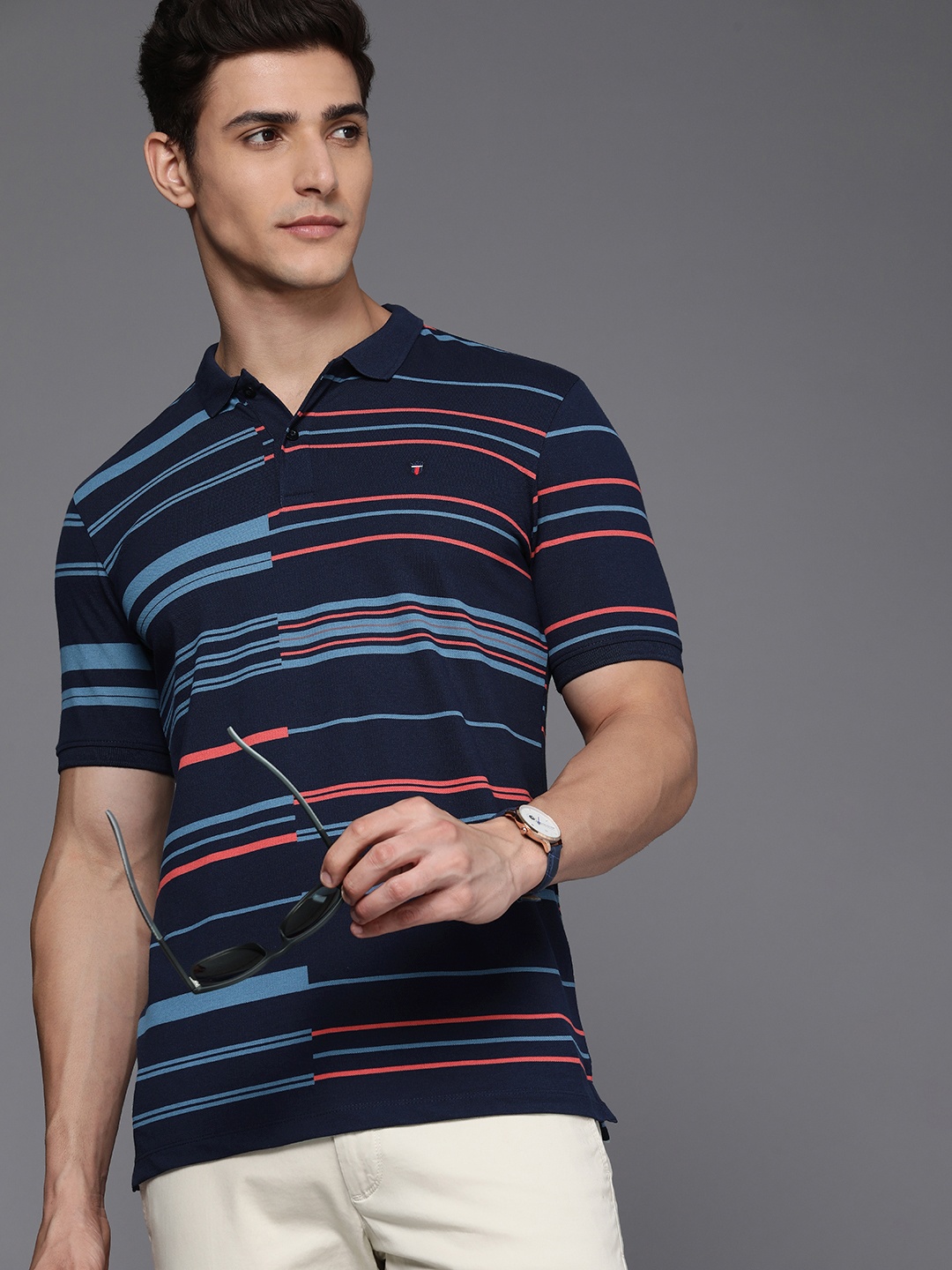 

Louis Philippe Sport Men Striped Polo Collar Pure Cotton Slim Fit T-shirt, Navy blue