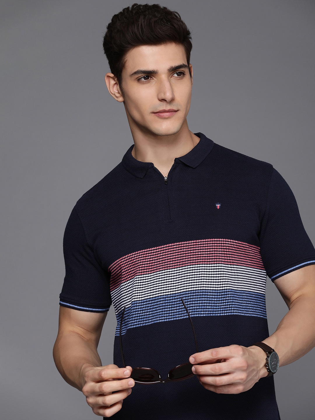 

Louis Philippe Sport Men Striped Polo Collar Pure Cotton Slim Fit T-shirt, Navy blue