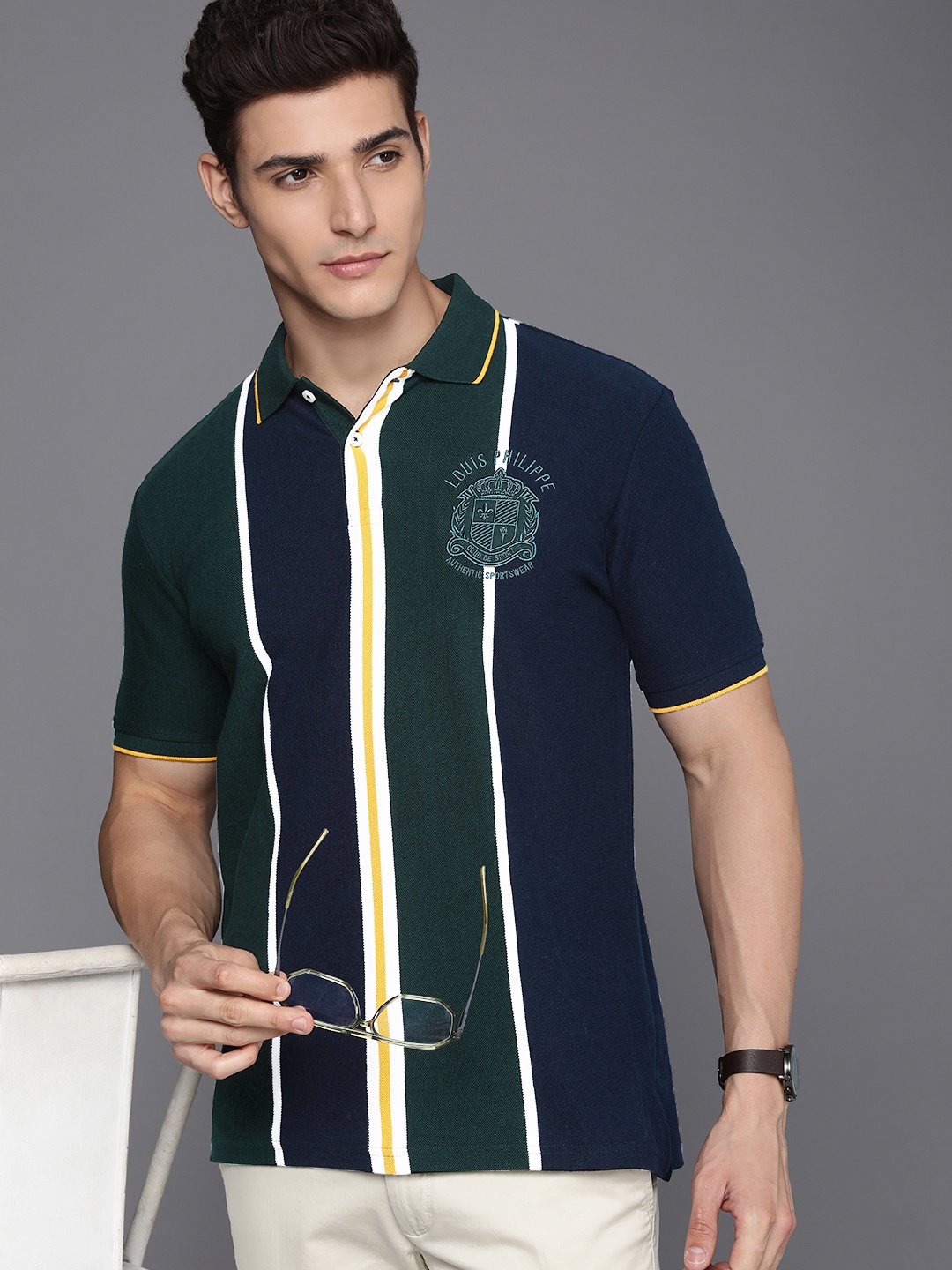 

Louis Philippe Sport Men Striped Polo Collar Pure Cotton Slim Fit T-shirt, Green