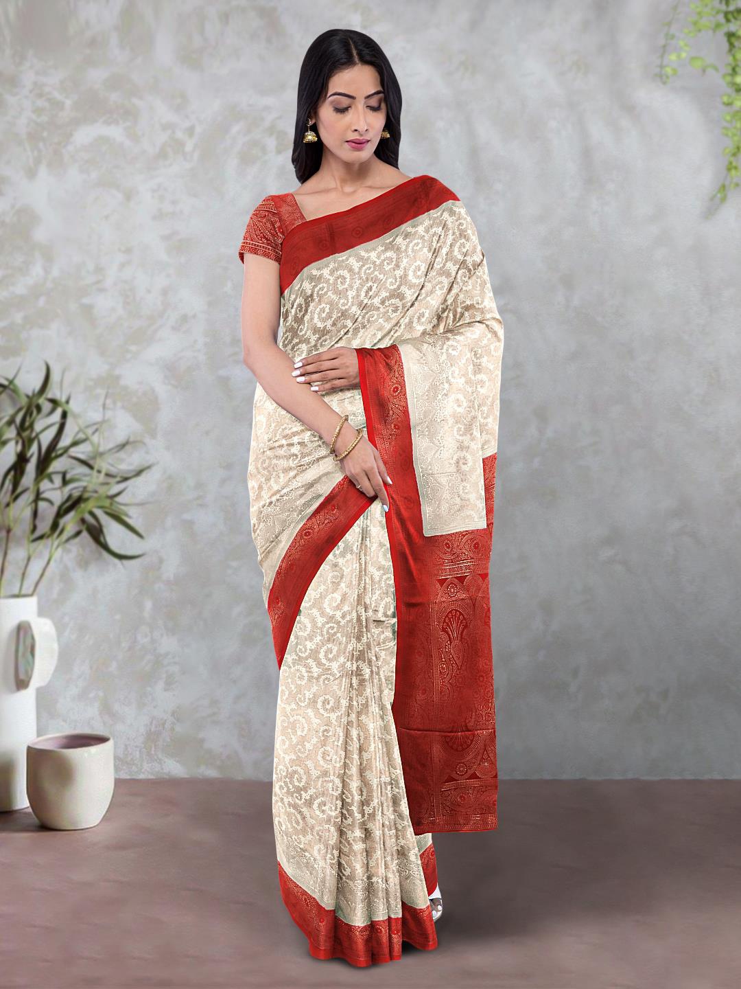 

Kalamandir Abstract Printed Silk Blend Saree, Cream