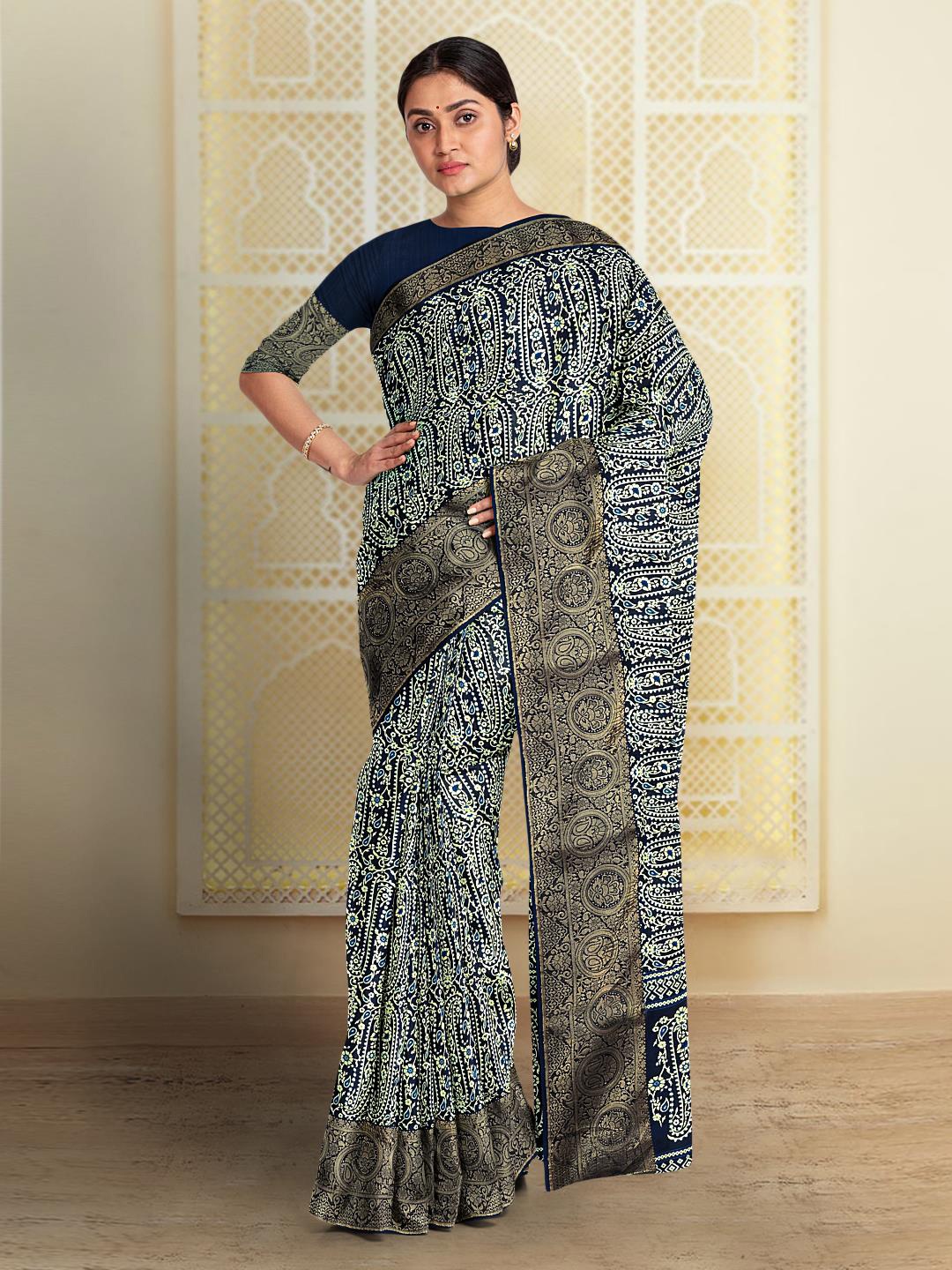 

Kalamandir Paisley Printed Zari Saree, Navy blue