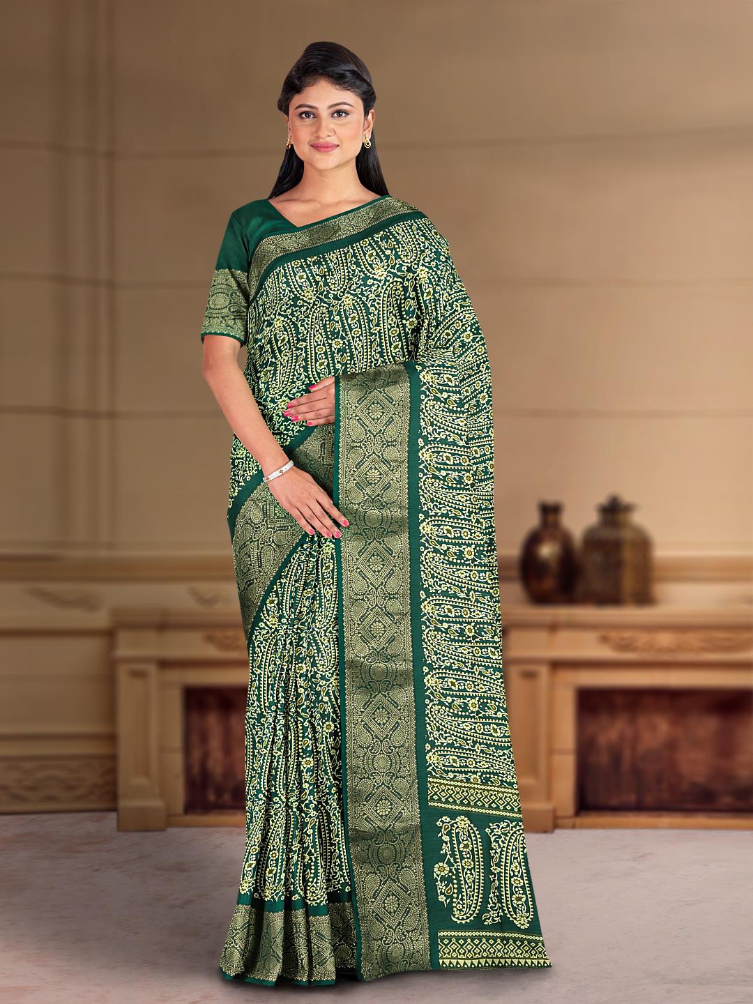 

Kalamandir Paisley Printed Zari Saree, Sea green