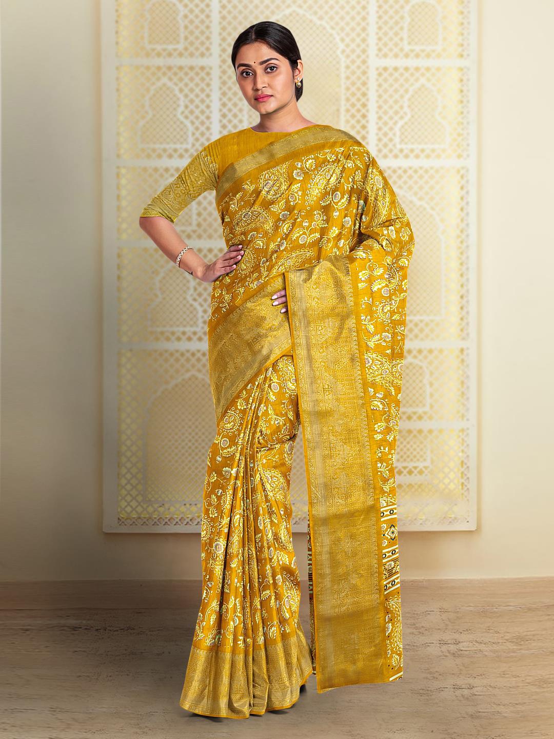 

Kalamandir Floral Printed Zari Saree, Mustard