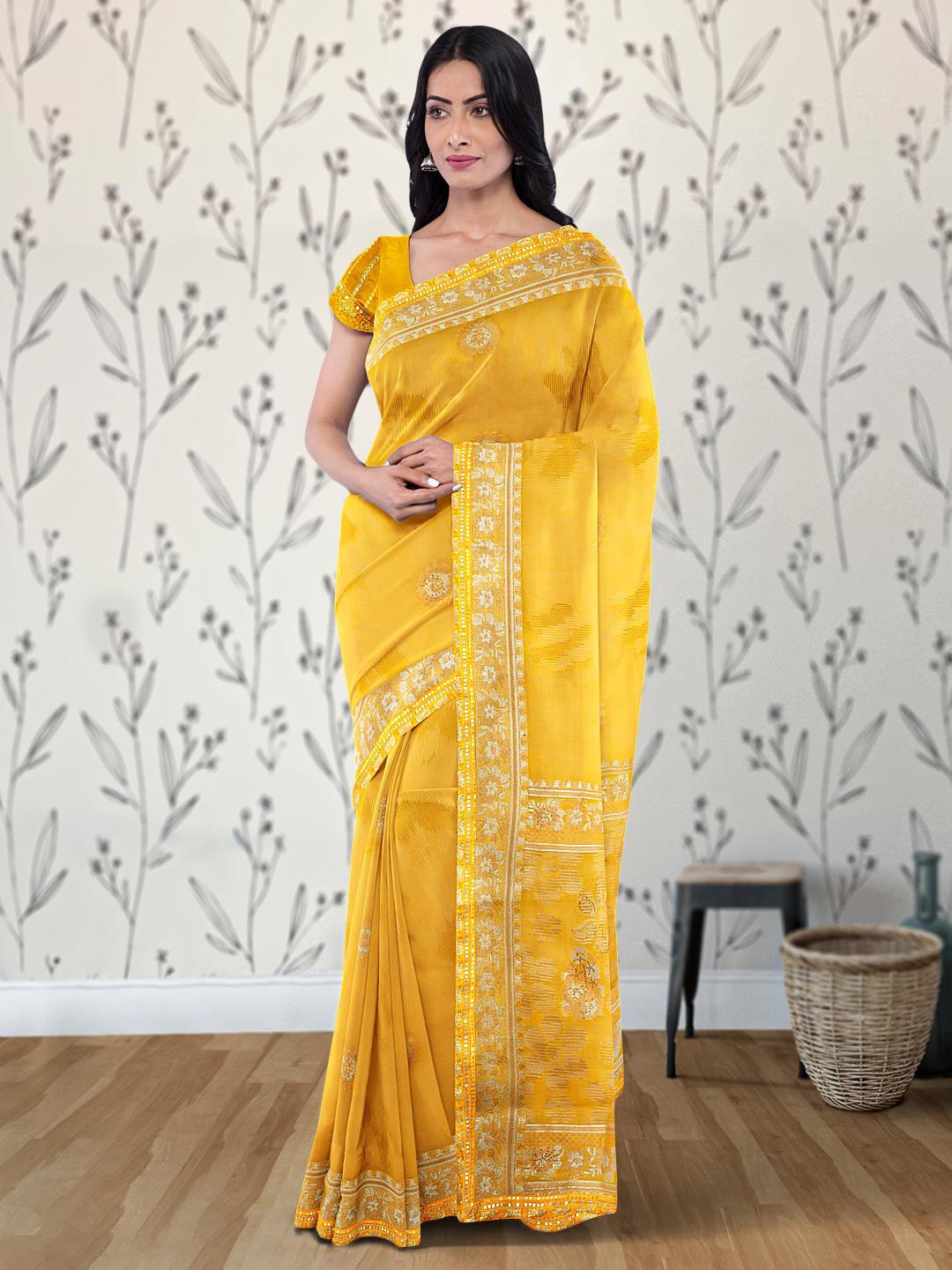 

Kalamandir Floral Woven Design Sequined Jute Silk Saree, Yellow