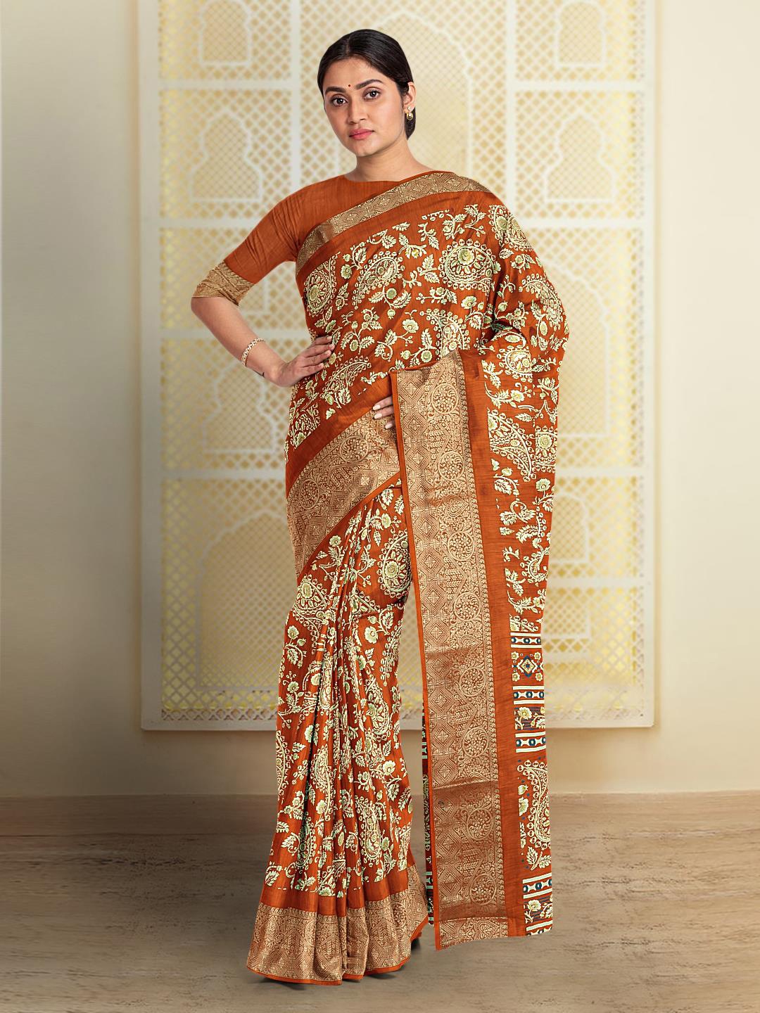 

Kalamandir Floral Printed Zari Saree, Rust