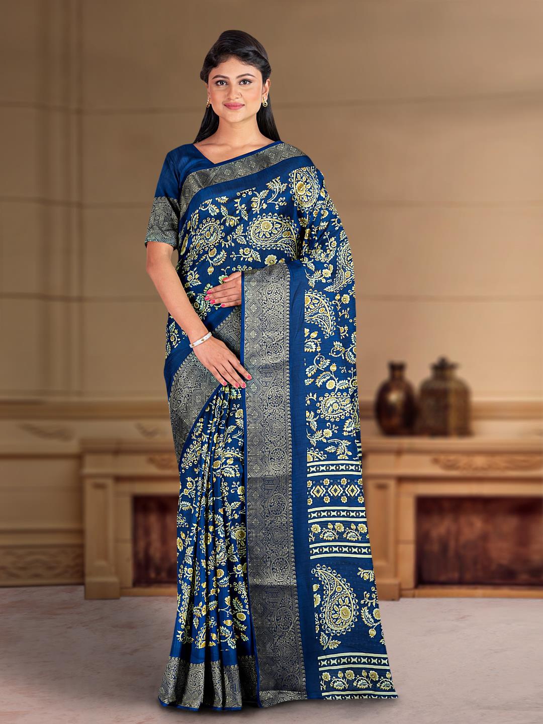 

Kalamandir Floral Printed Zari Saree, Blue