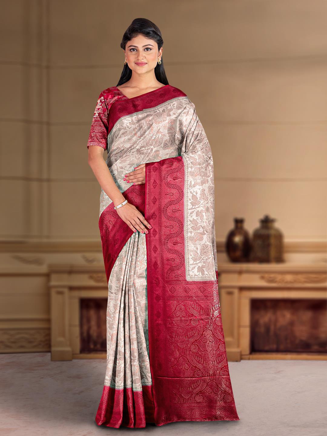 

Kalamandir Floral Printed Zari Saree, Grey