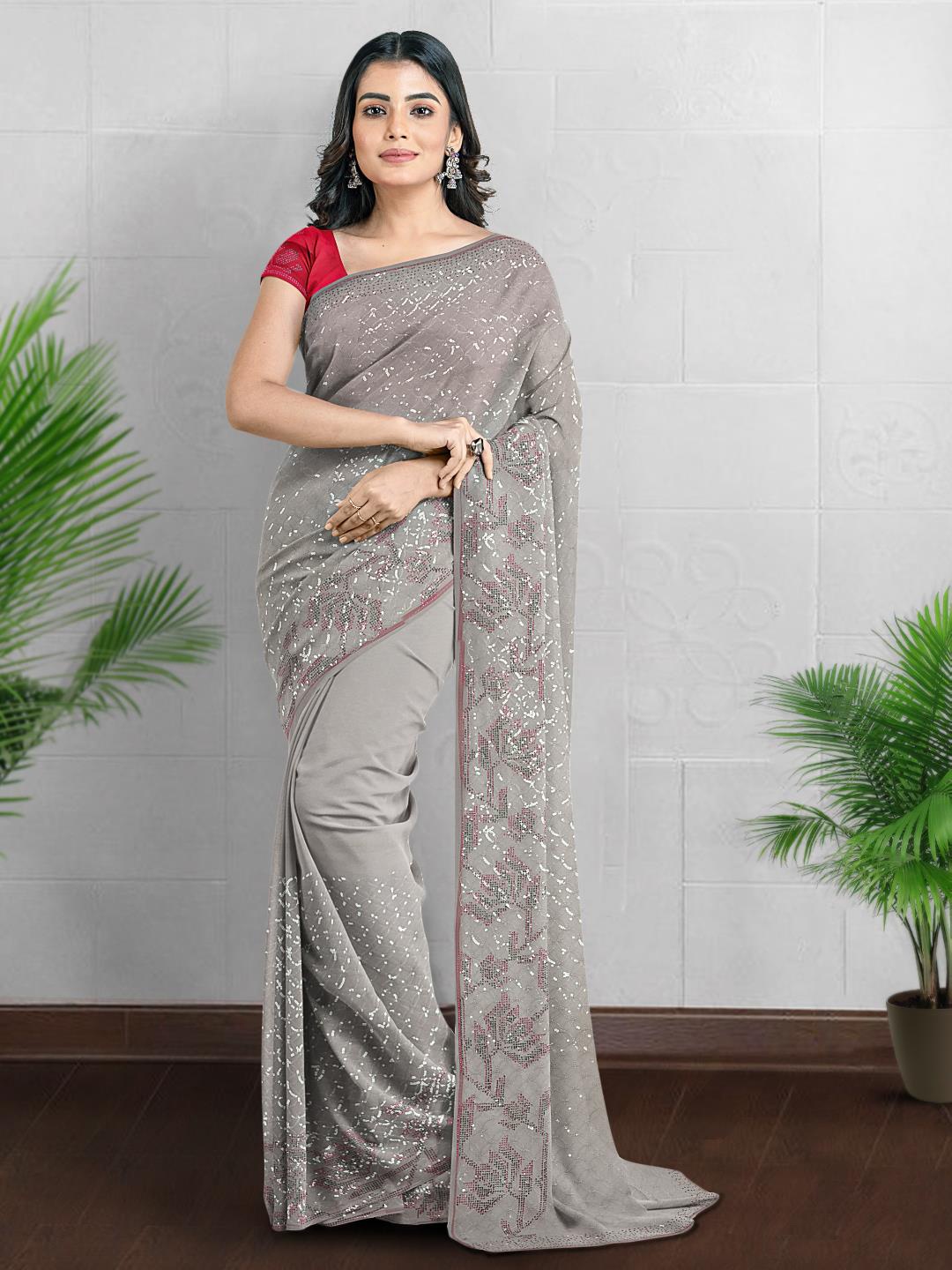 

Kalamandir Embellished Sequinned Poly Georgette Saree, Grey