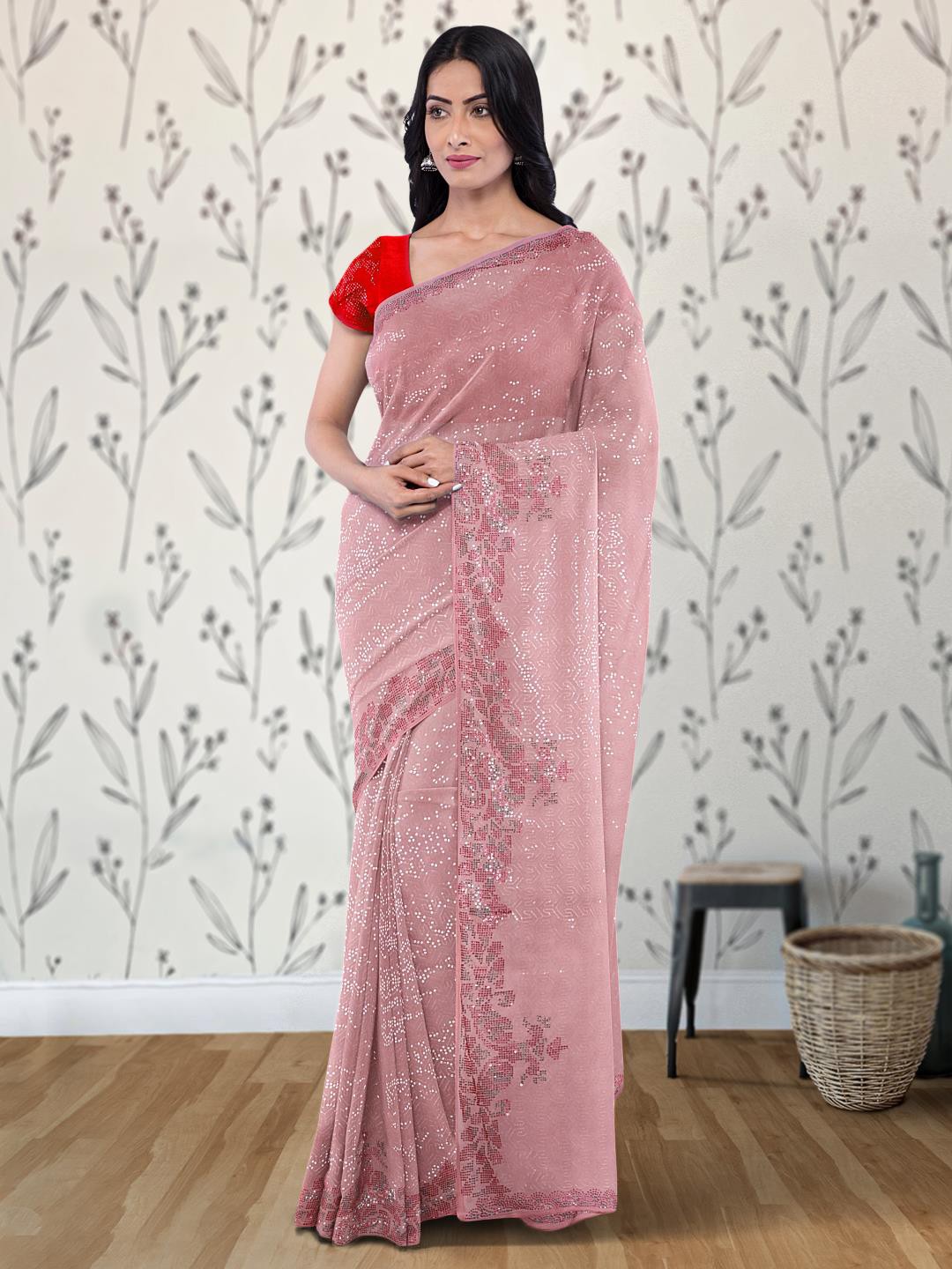 

Kalamandir Embellished Beads & Stones Poly Georgette Saree, Pink
