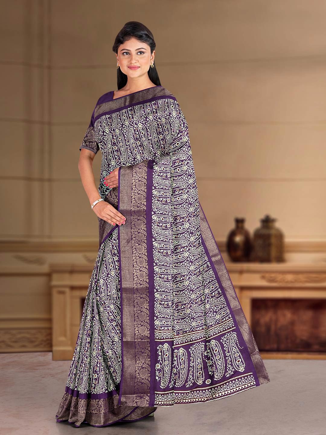 

Kalamandir Paisley Printed Saree, Purple