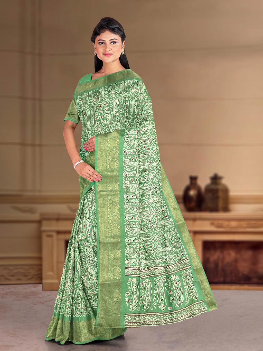 

Kalamandir Paisley Printed Zari Saree, Green