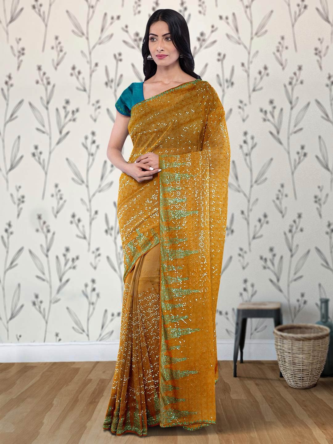 

Kalamandir Embellished Beads & Stones Poly Georgette Saree, Mustard