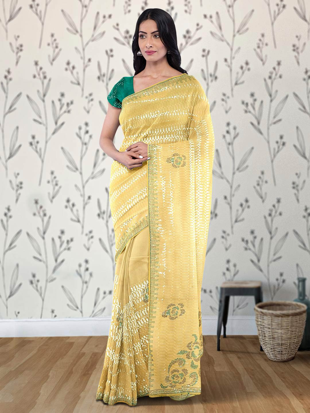 

Kalamandir Embellished Sequinned Poly Georgette Saree, Yellow