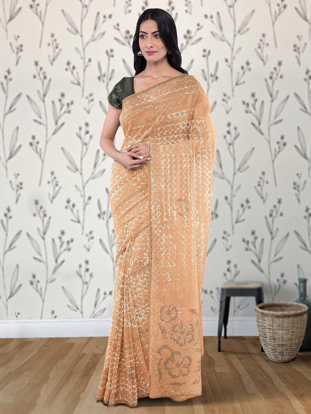 

Kalamandir Embellished Sequinned Poly Georgette Saree, Brown