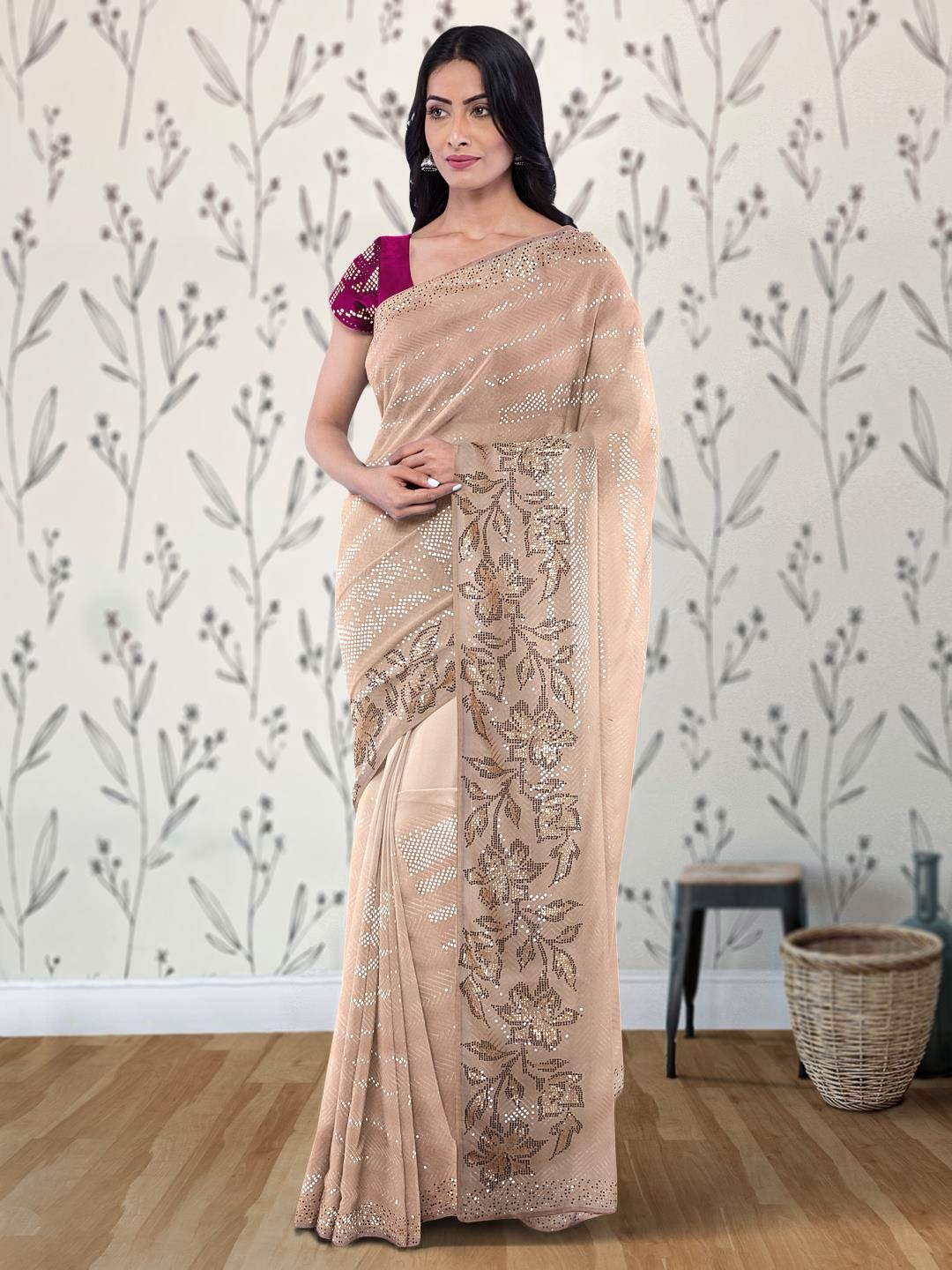 

Kalamandir Embellished Beads & Stones Poly Georgette Saree, Cream