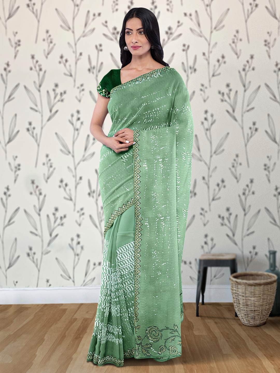 

Kalamandir Embellished Sequinned Poly Georgette Saree, Sea green