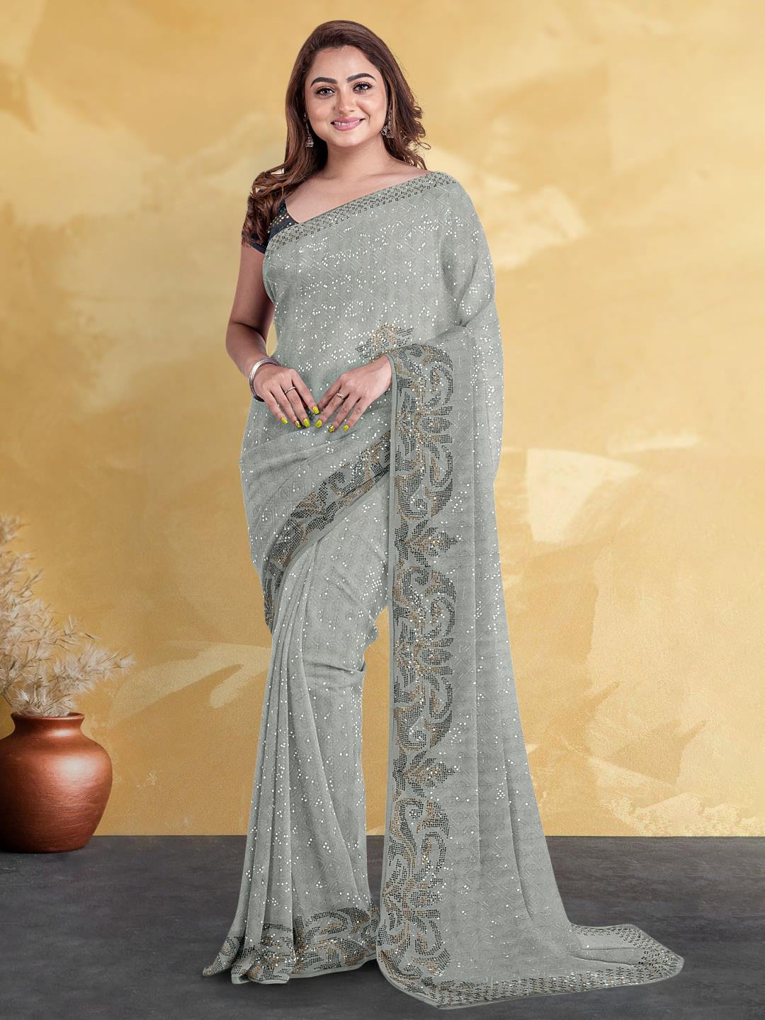 

Kalamandir Embellished Sequined Poly Georgette Saree, Grey
