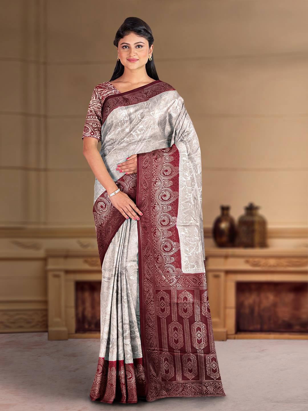 

Kalamandir Floral Printed Zari Saree, Grey