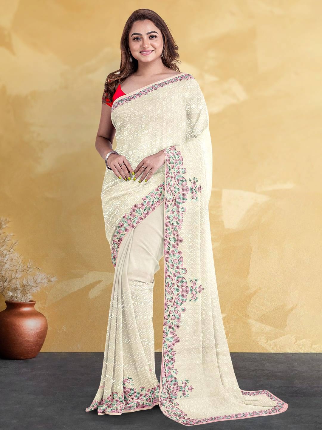 

Kalamandir Beads & Stones Embellished Saree, Cream