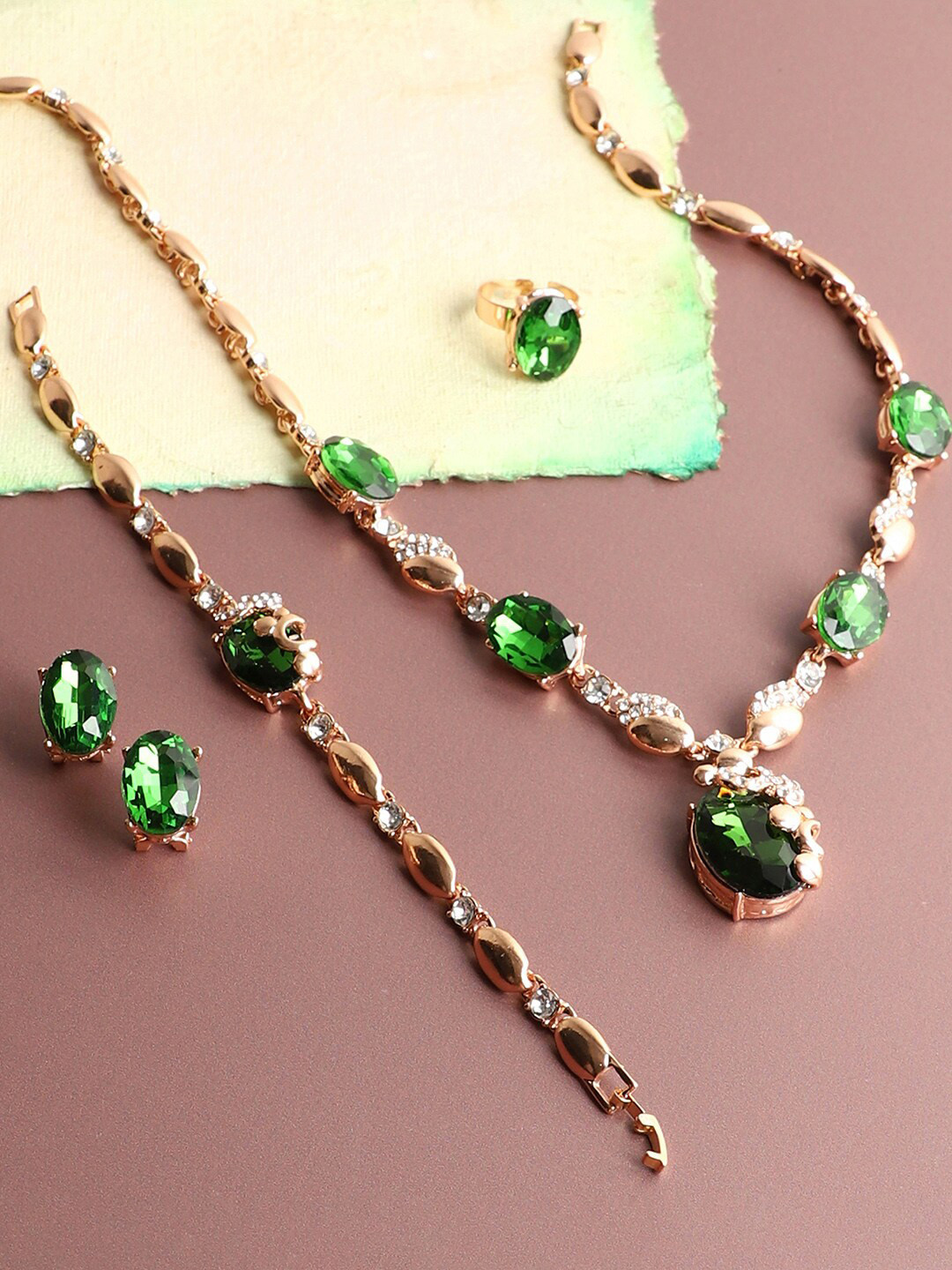 

SOHI Gold-Plated Stone-Studded Necklace Earrings with Bracelet & Ring